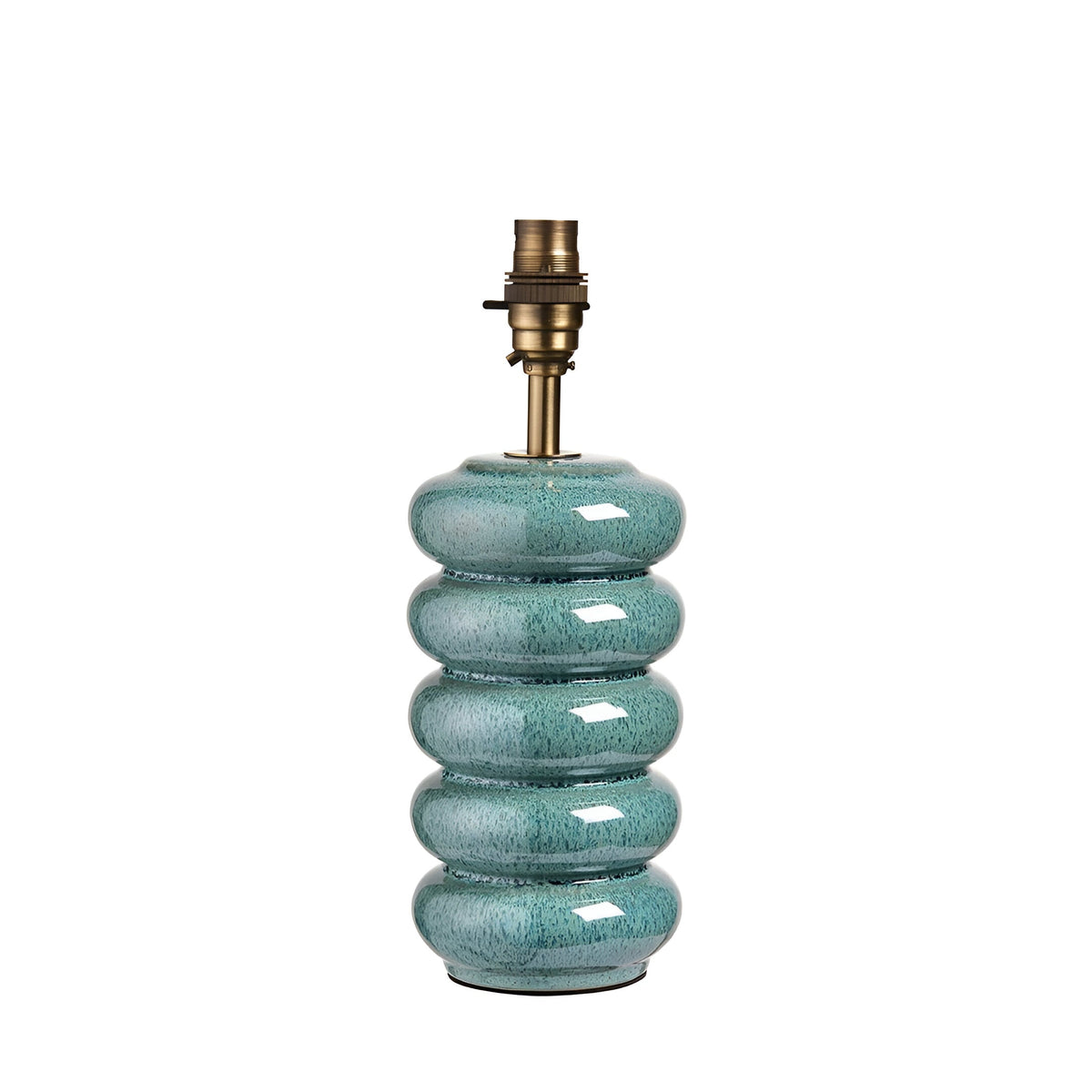 Cliffstead Table Lamp base in teal ceramic with ribbed curves and reactive glaze, brushed brass B22 switched holder, on a plain white background.