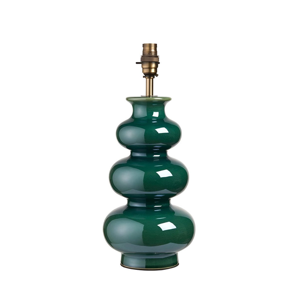 Endon Carlstead gourd-shaped ceramic table lamp base in gloss green reactive glaze with aged brass B22 lamp holder, on a plain white background.