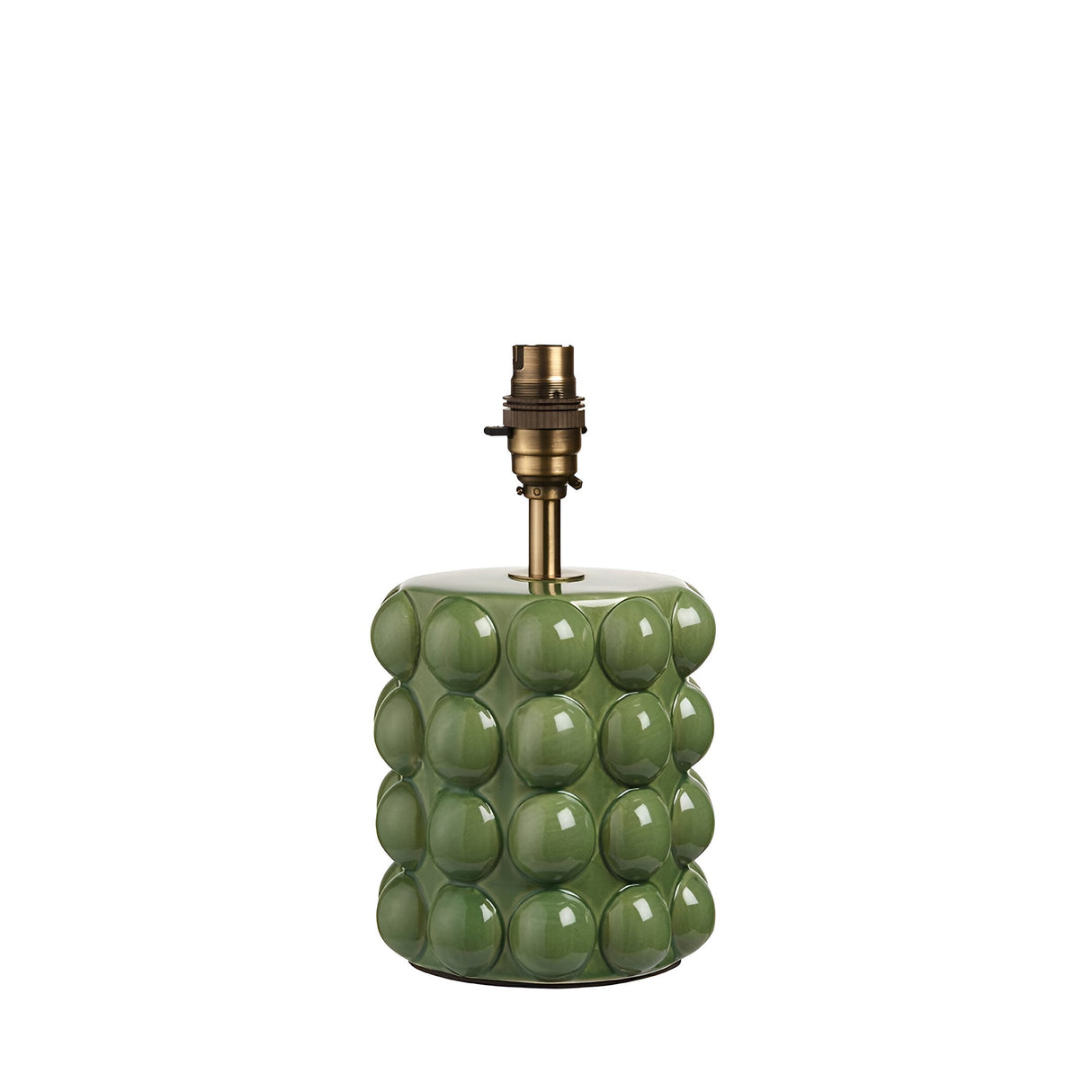 Endon Amberley table lamp base in glossy olive green ceramic with sculpted bobble texture, aged brass B22 lamp holder and stem, on a white background.