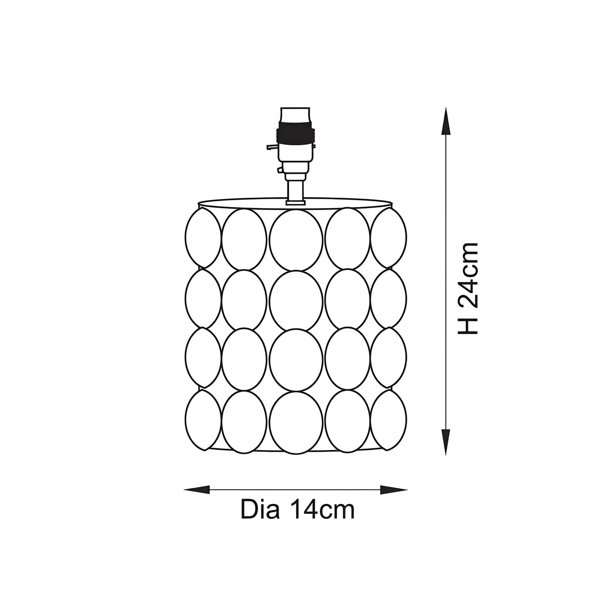 Endon Amberley table lamp technical line drawing showing a textured bobble shade with B22 lamp holder, height 24cm and diameter 14cm.
