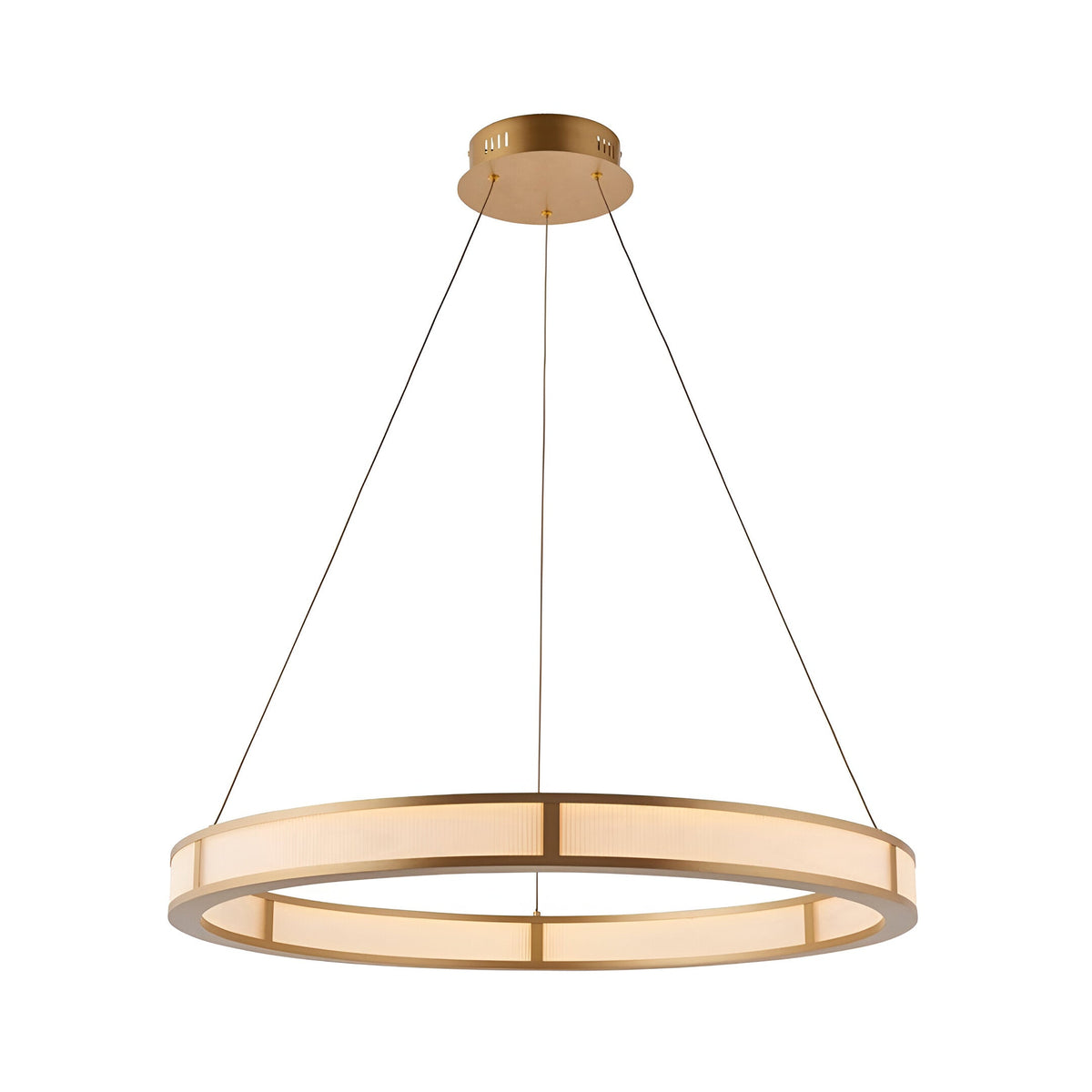 Endon Bevley LED ring pendant in brushed gold with a ribbed frosted acrylic diffuser, suspended on clear cables from a round ceiling plate.