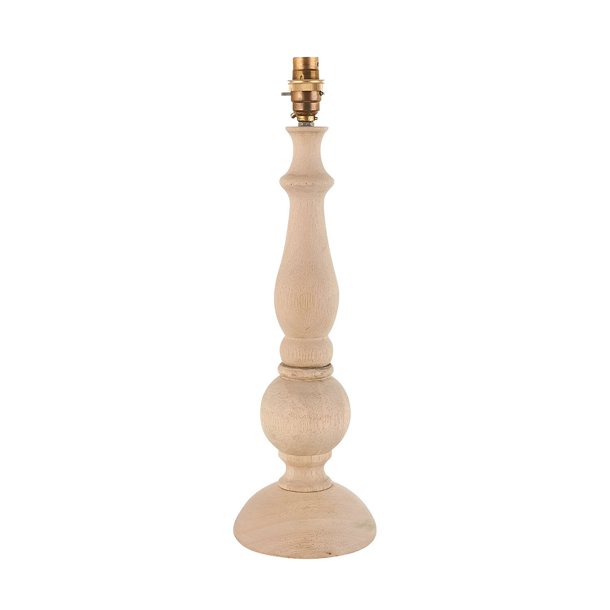 Endon Brenhurst table lamp base in hand-turned natural solid wood with a turned baluster profile and switched brass B22 lamp holder, on a white background.