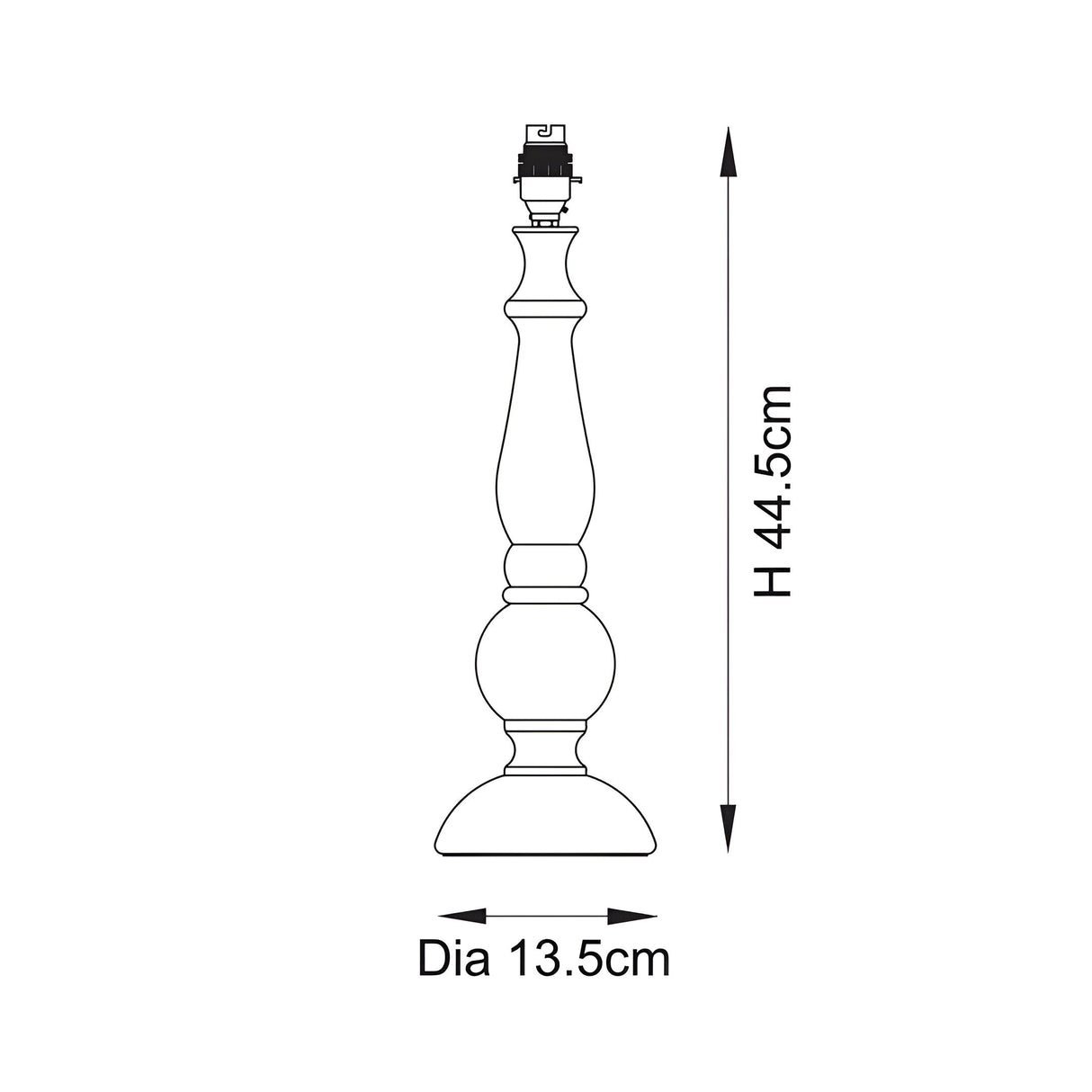 Dimension diagram of the Endon Brenhurst table lamp base showing a turned wood profile with brass B22 holder, 44.5cm height and 13.5cm diameter.