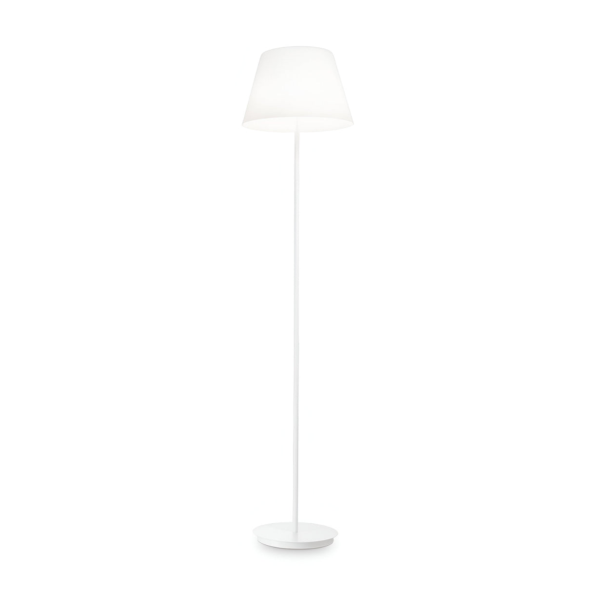 The Heaven Floor Lamp - White, showcasing a minimalist design, is characterized by a slender stand and an expansive conical lampshade made from white blown glass. This sophisticated piece emits ambient light against a clean, white backdrop, making it an ideal addition to any contemporary setting.