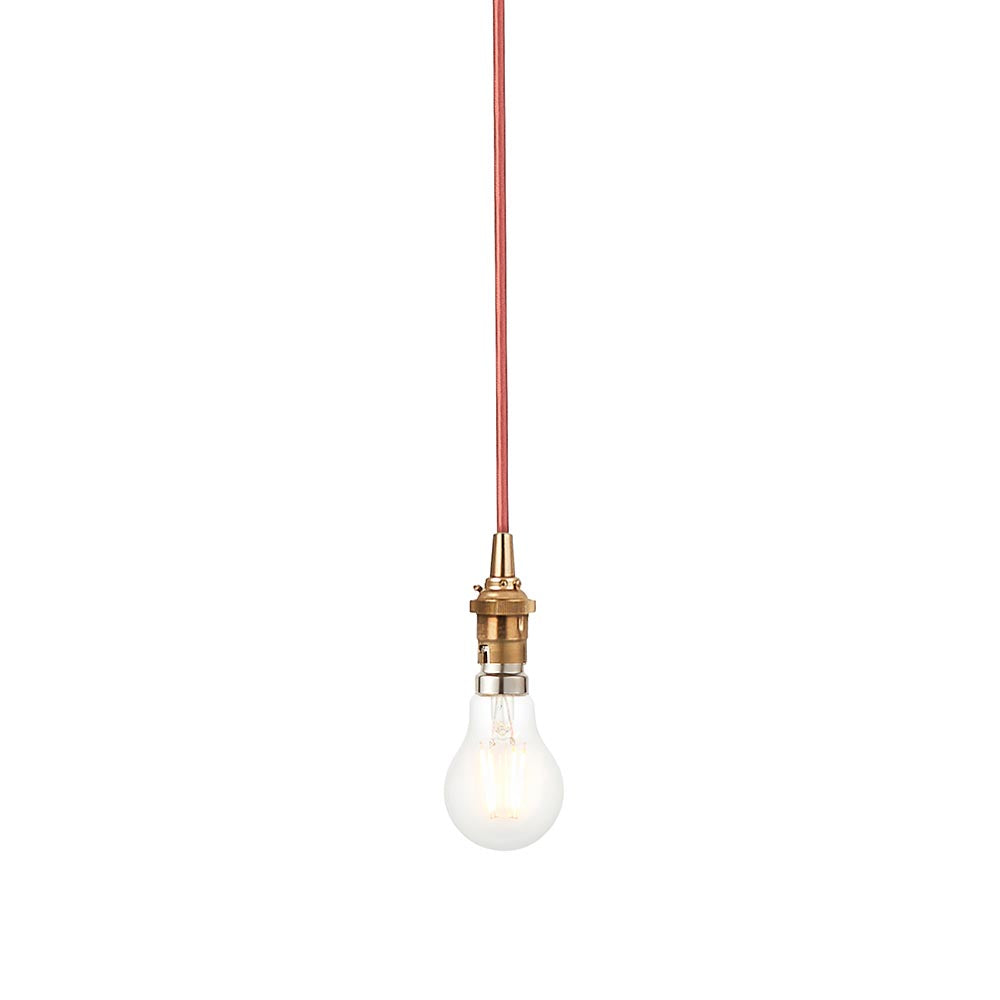 Endon Brackmont Flex Set pendant light with brushed aged brass B22 lampholder, red braided fabric cable, and exposed bulb on a plain white background.