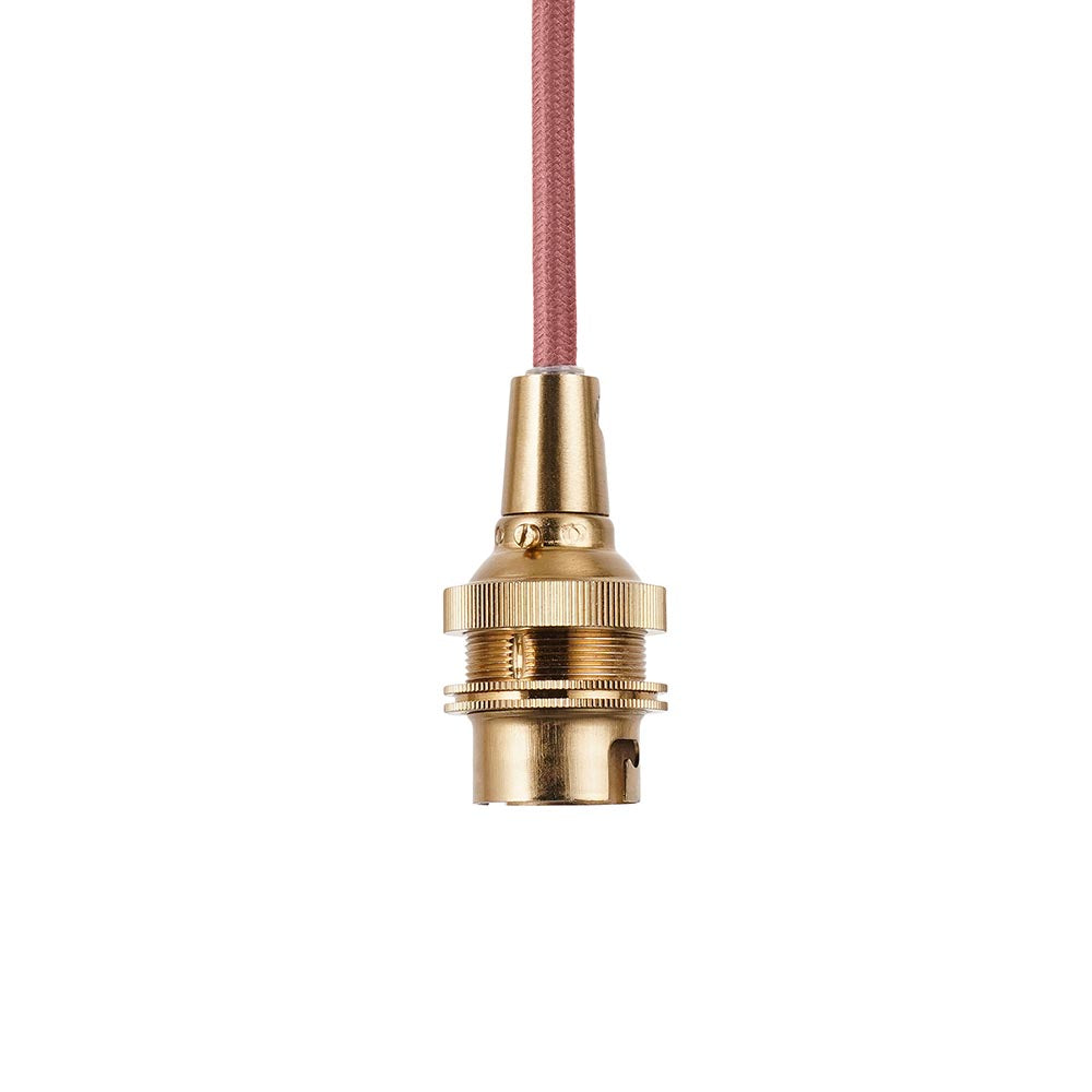 Endon Brackmont Flex Set pendant fitting in brushed aged brass with B22 lampholder and red braided fabric cable, shown on a white background.