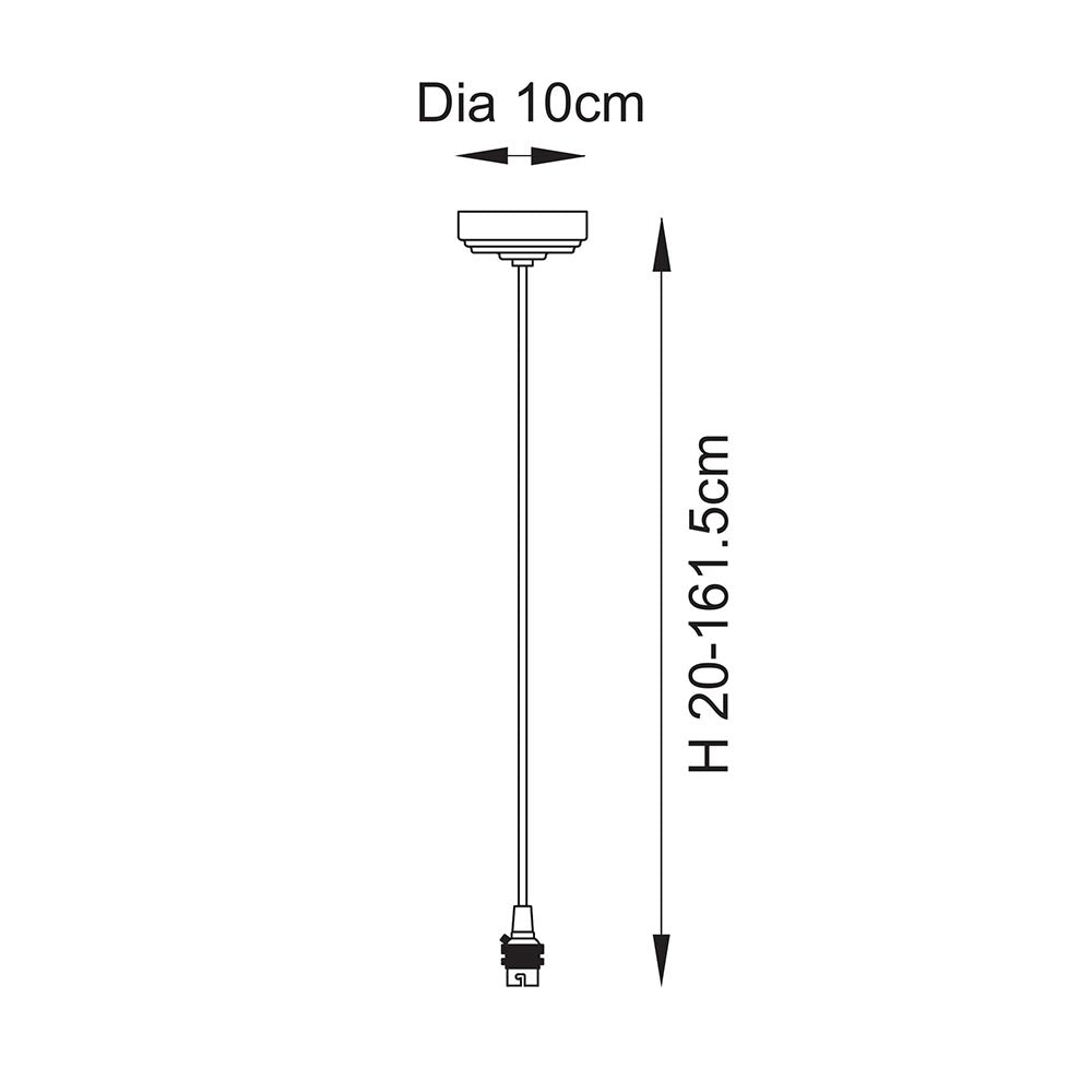 Endon Brackmont Flex Set dimensions diagram showing a B22 brass pendant fitting with braided cable, 10cm diameter and 20–161.5cm adjustable height.