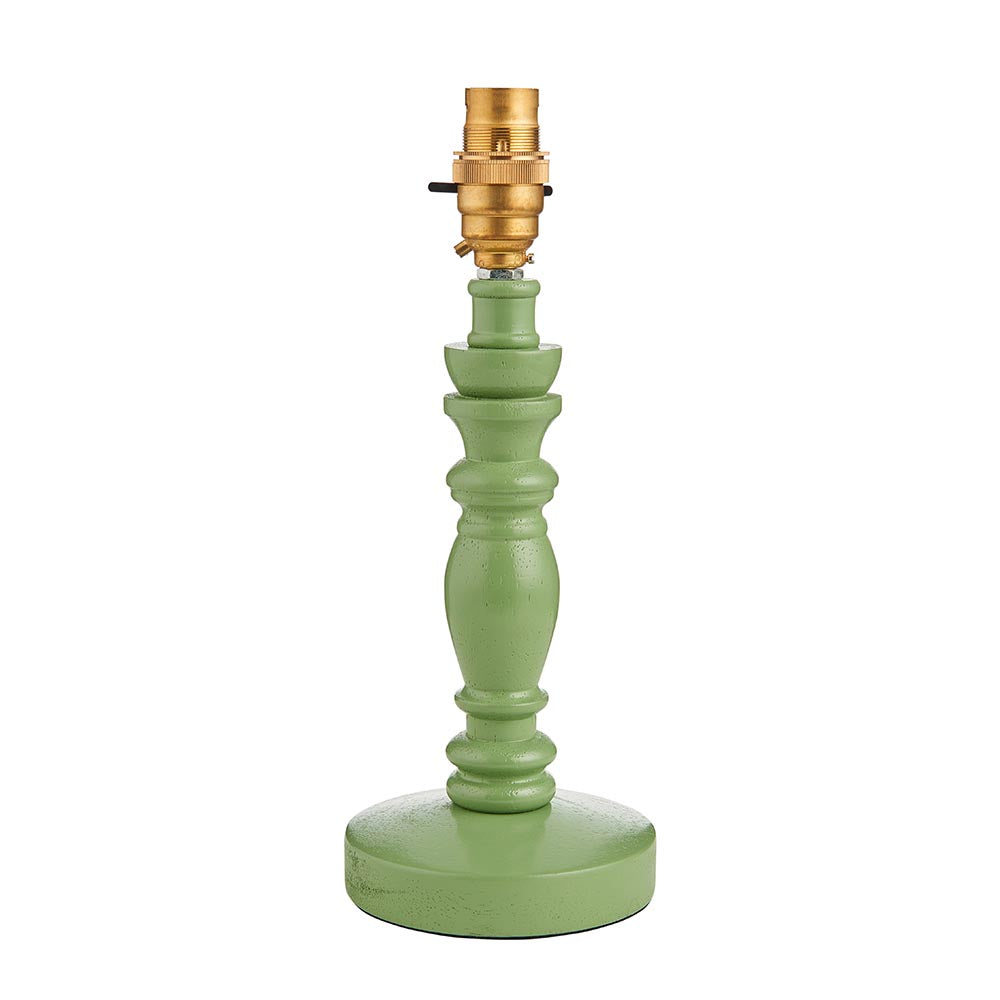 Aldworth Table Lamp base in green satin-painted turned wood with a brass B22 switched lampholder, shown on a plain white background.