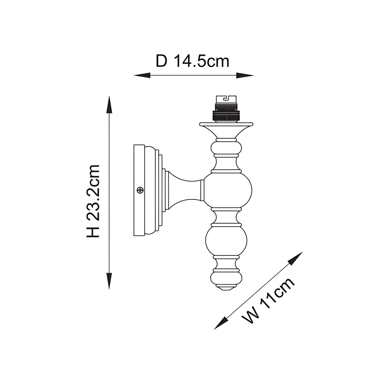 Dimensions diagram of the Endon Aldworth wall light in natural ash, showing 23.2cm height, 14.5cm projection, and 11cm width with B22 lampholder.