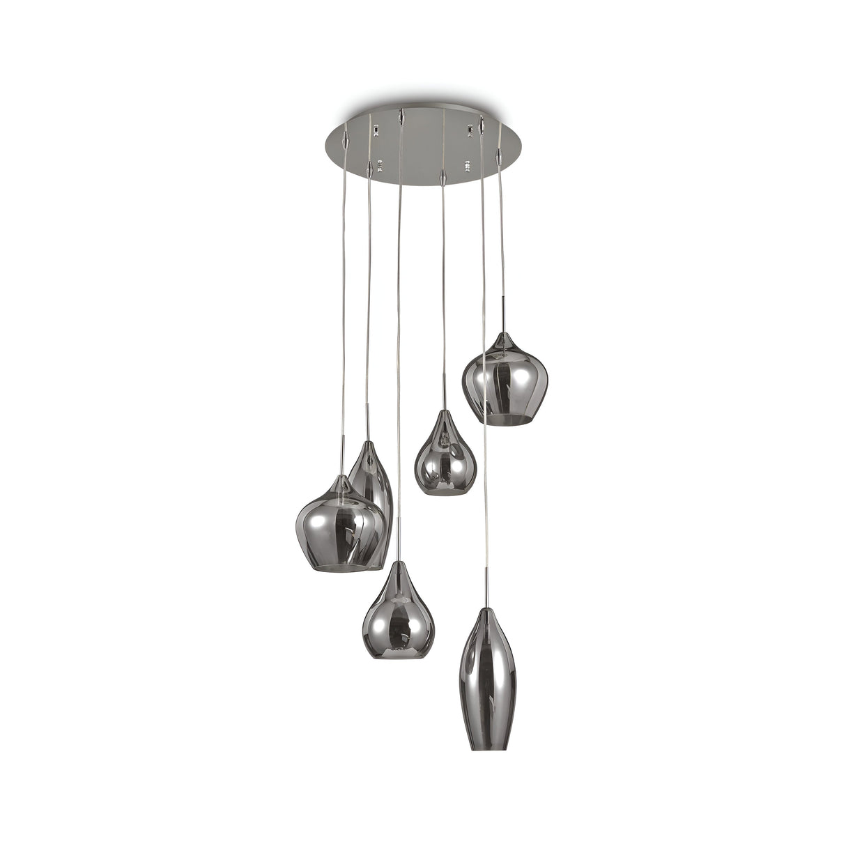 The Noir 6 Light Cluster Pendant - Grey is a contemporary ceiling fixture featuring adjustable suspension cables with five grey teardrop-shaped lampshades hanging at varied lengths from a round ceiling mount. These metallic-finished shades lend a sleek and modern look to any space.