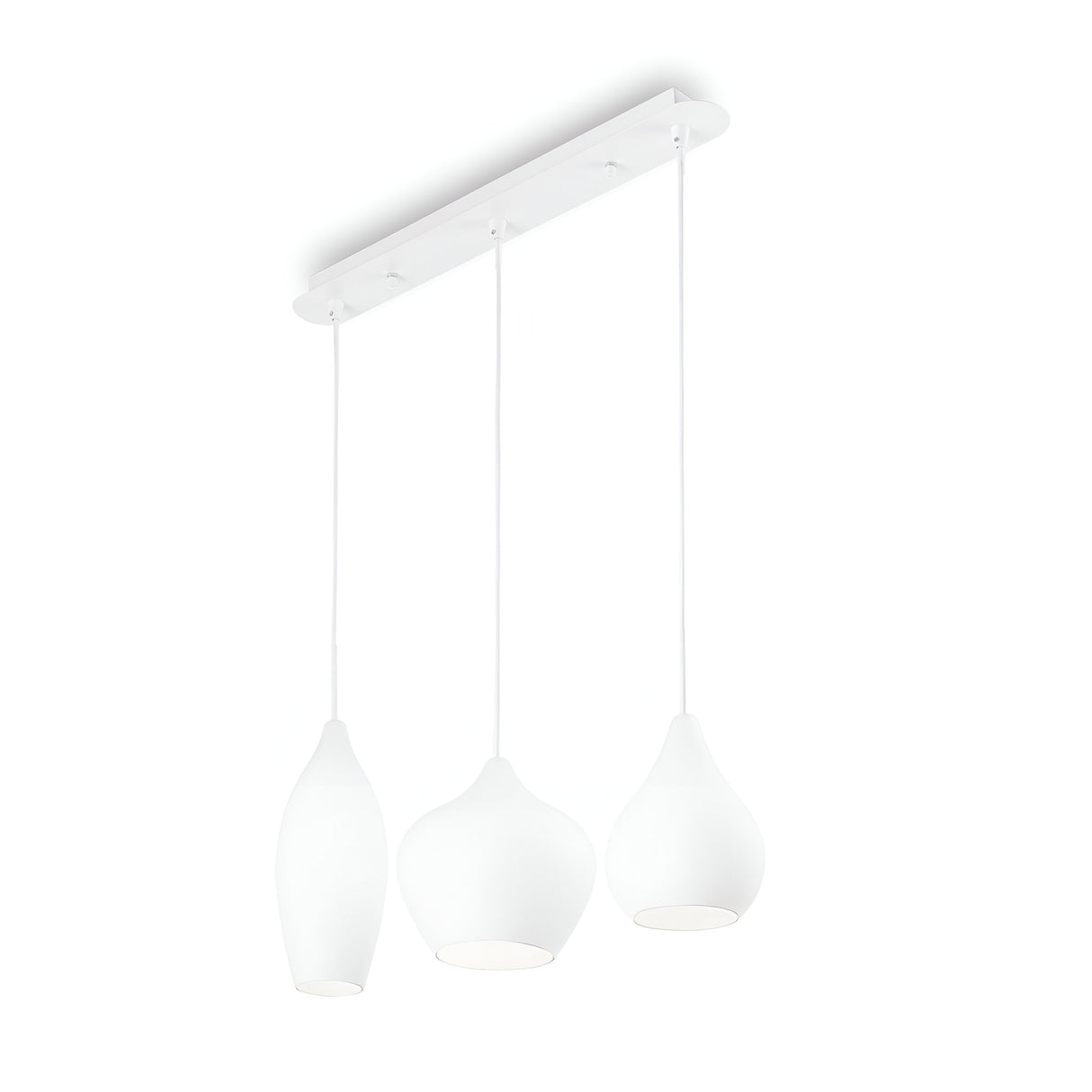 A minimalist ceiling light fixture featuring the Noir 3 Light Bar Pendant in white, showcasing three contemporary pendant lamps with unique blown glass diffusers that hang at varying heights from a rectangular base. This modern design elevates decor with an elegant look similar to the Noir 6 Light Cluster Pendant.