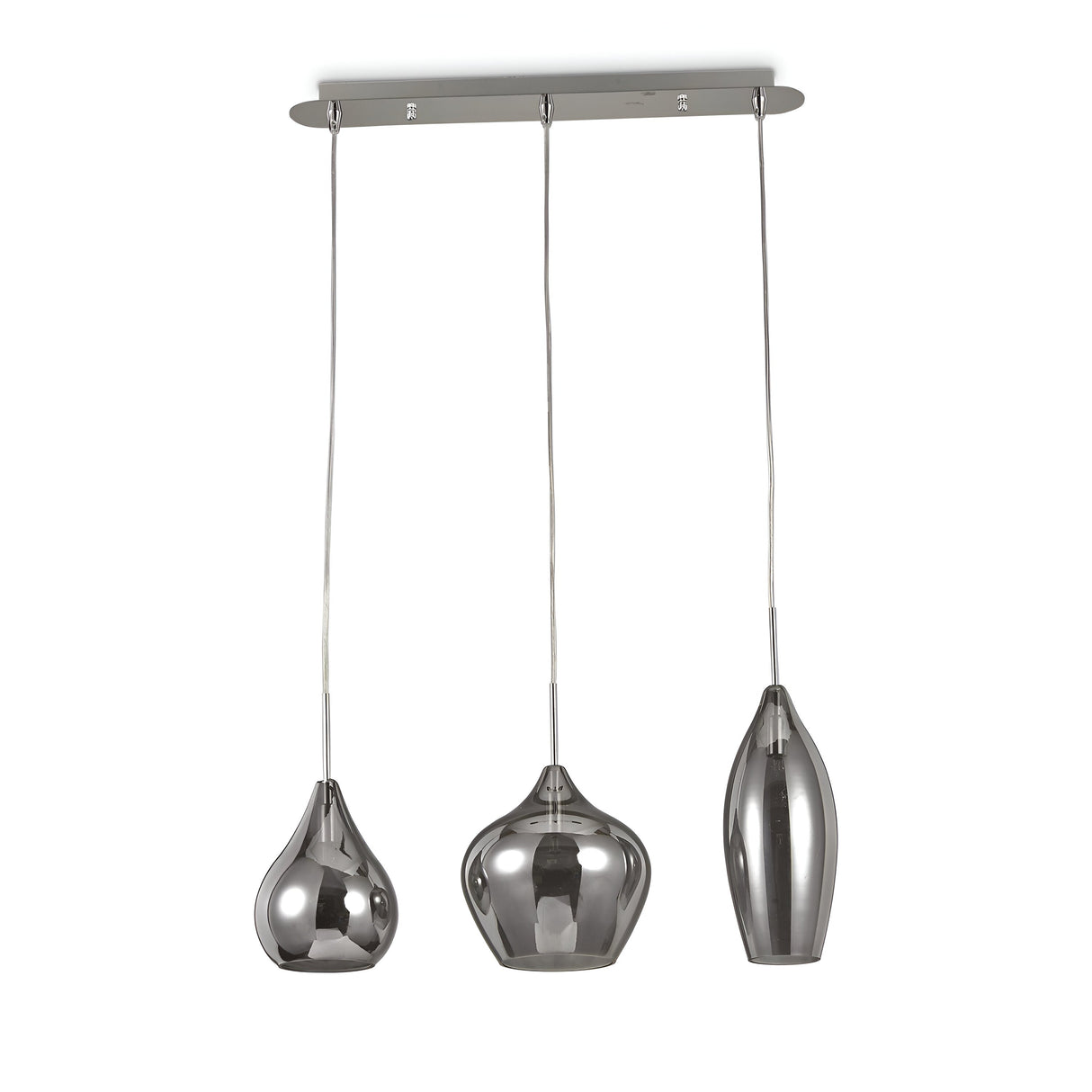The Noir 3 Light Bar Pendant - Grey is a stylish and contemporary ceiling light fixture ideal for modern interiors. It features a sleek design with three metallic lamps suspended at different heights, each uniquely shaped as a teardrop, a rounded bulb, and an elongated bullet, all supported by a rectangular base.
