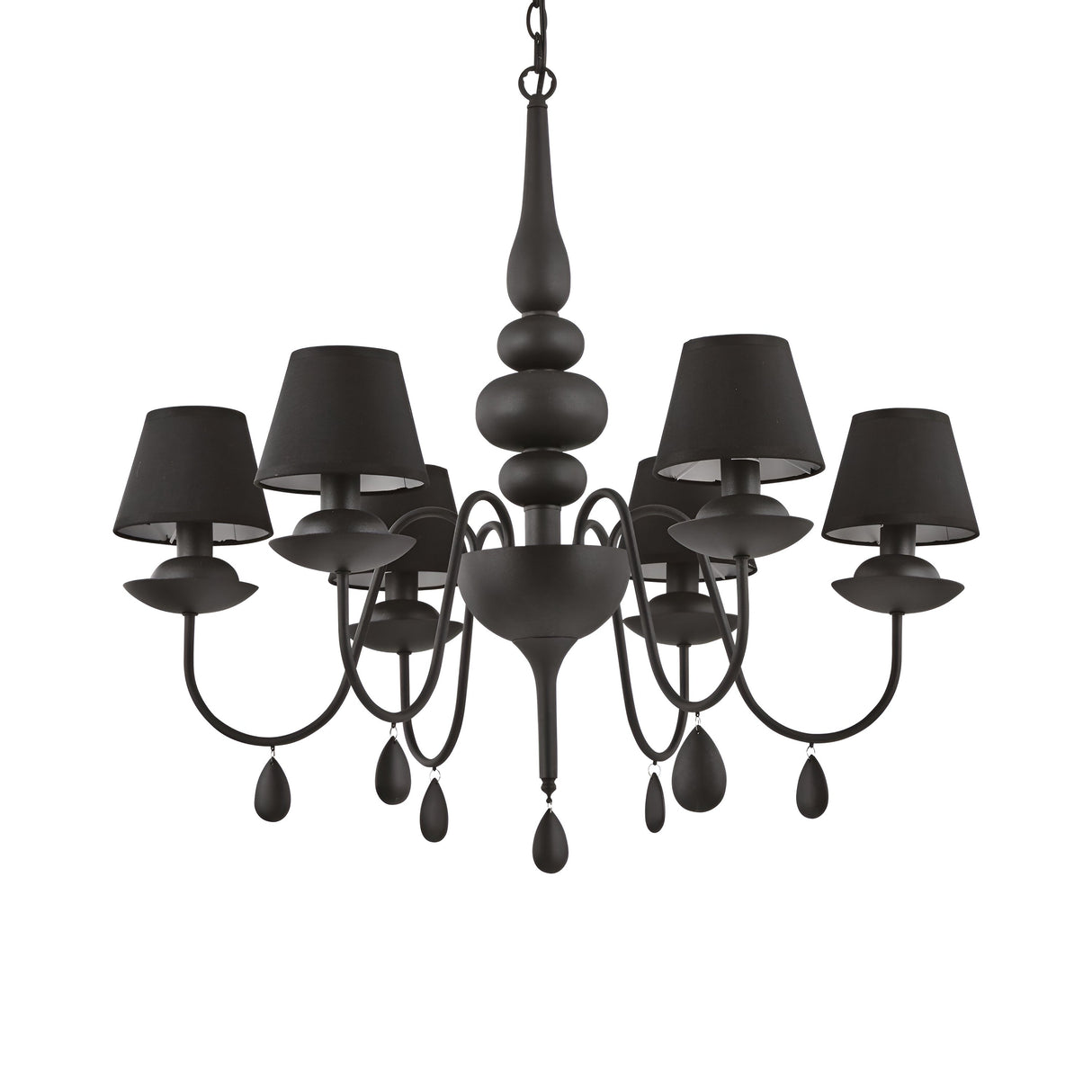 Introducing the Wisp 6 Light Chandelier in Black, designed with a modern aesthetic featuring six arms adorned with black lampshades. This elegant lighting fixture includes teardrop-shaped accents hanging below each light, while its sleek and gracefully curved central column adds a sophisticated touch to any contemporary interior.