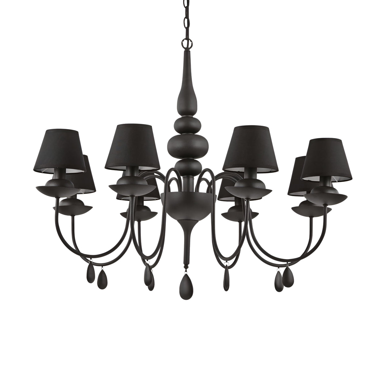 The Wisp 8 Light Chandelier - Black serves as a decorative centerpiece with a black satin enamel finish. Its eight elegantly curved arms, each adorned with a lampshade and teardrop-shaped accents, create a timeless design that hangs beautifully from a chain.