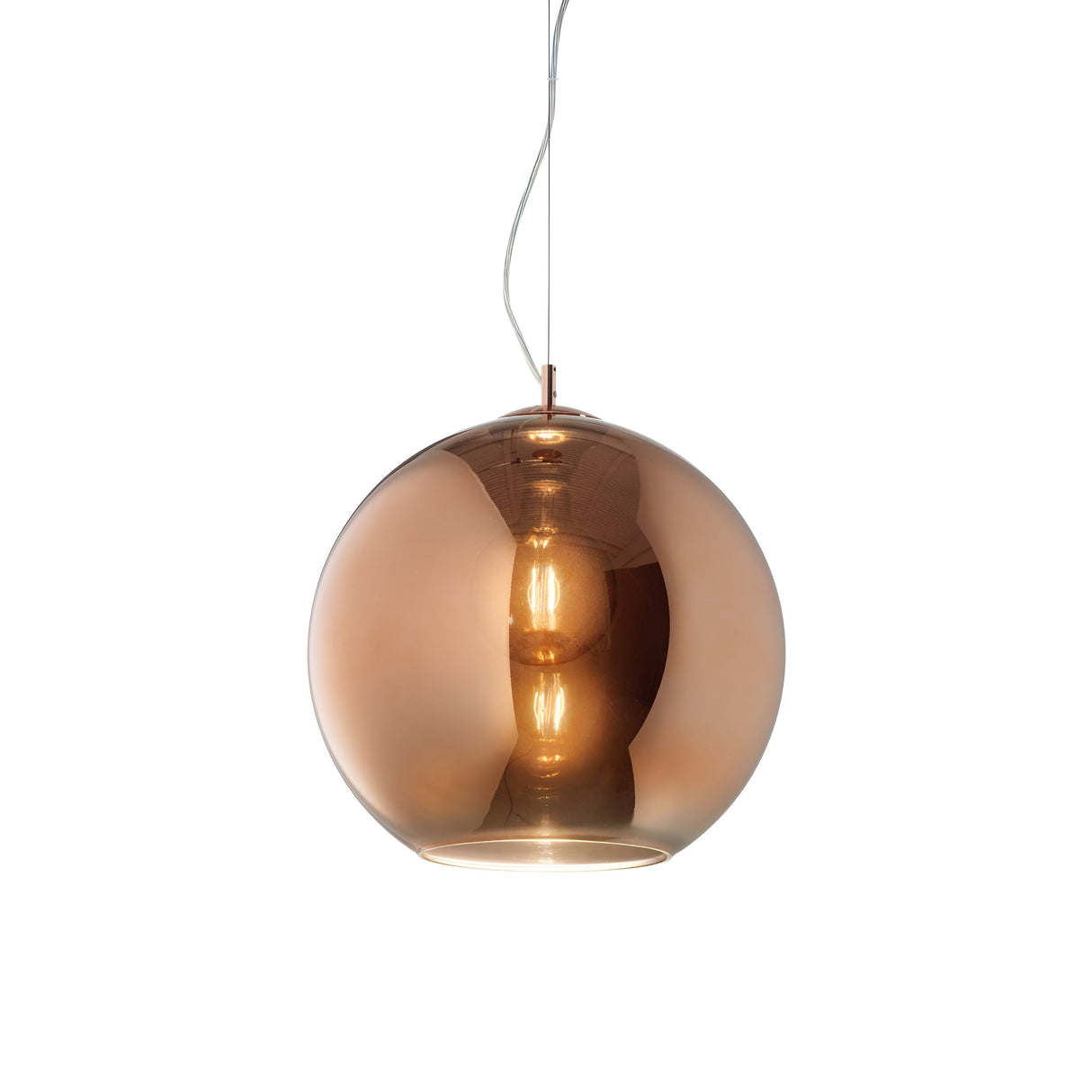 The Emberlyte 1 Light Glass Pendant in Copper, measuring 30cm, hangs elegantly from a thin wire. Its warm glow beautifully illuminates the glossy surface, and with an E27 bulb fitting, this dimmable lighting fixture adds a touch of sophistication to any space.