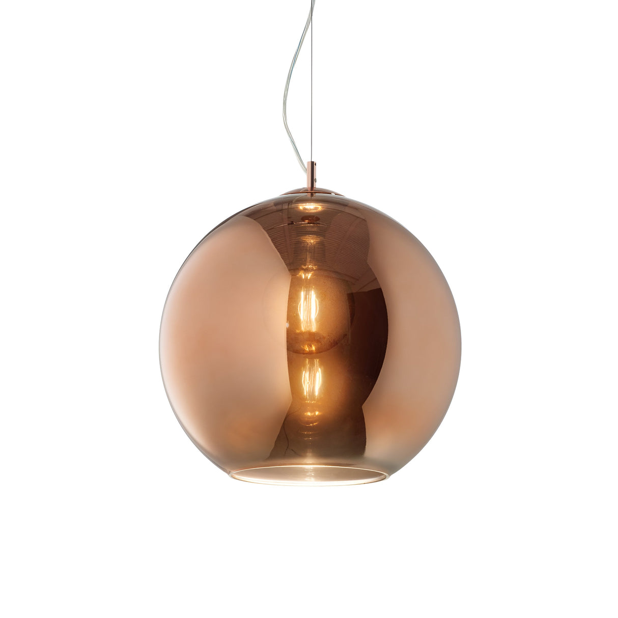 The Emberlyte 1 Light Glass Pendant - Copper, 40cm features a spherical design with a reflective copper finish, perfect for enhancing minimalist décor. Suspended by an electrical cord, this pendant light includes a dimmable bulb that emits a warm glow, accentuating the metallic sheen of its surface.