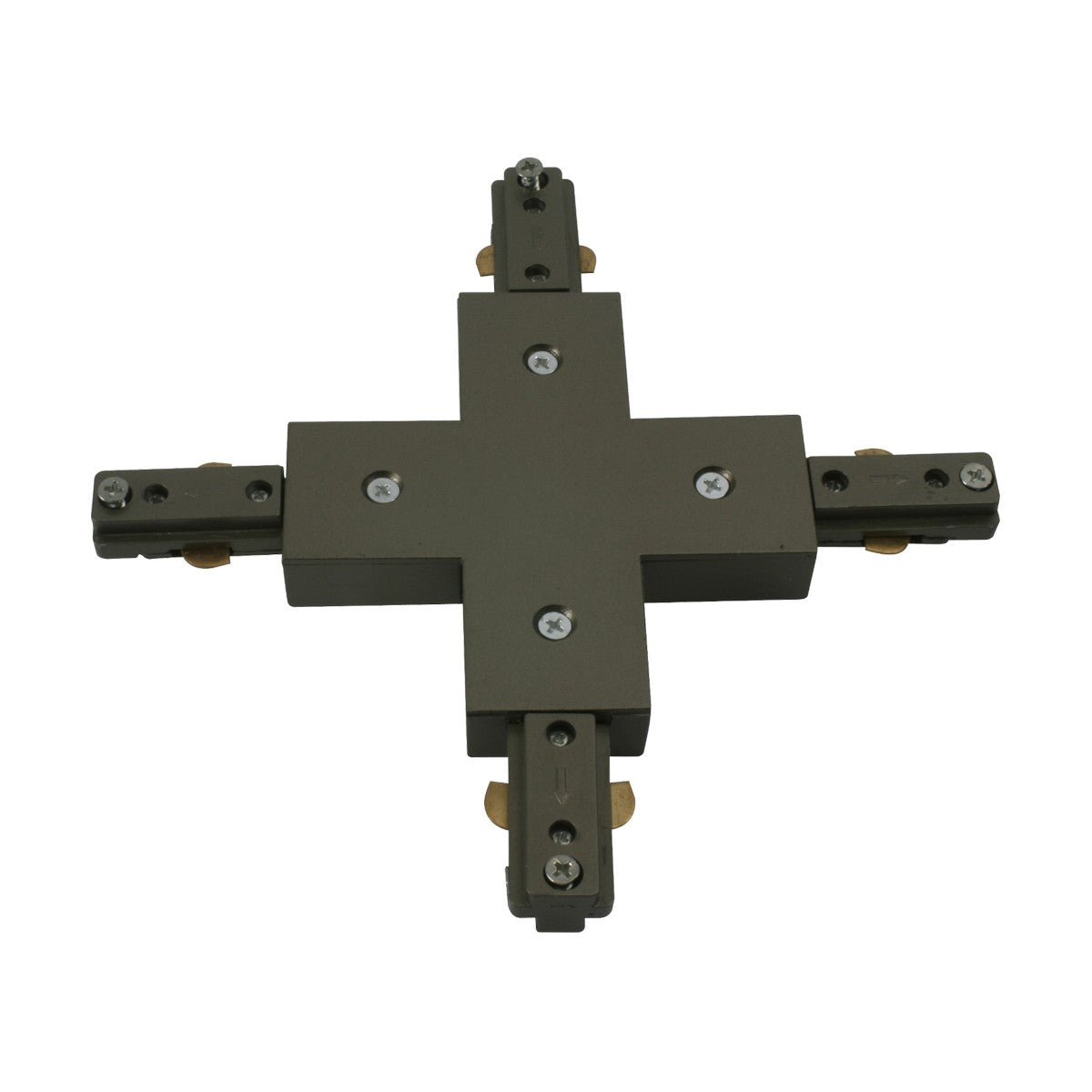 The 4-Way Track X-Connector in satin nickel is a cross-shaped, neutral-toned mechanical connector featuring a central square and four extending arms. Its visible screws improve functionality, making it perfect for 230V Single Circuit applications in industrial or electronic environments. It seamlessly aligns with the Track series design standards.