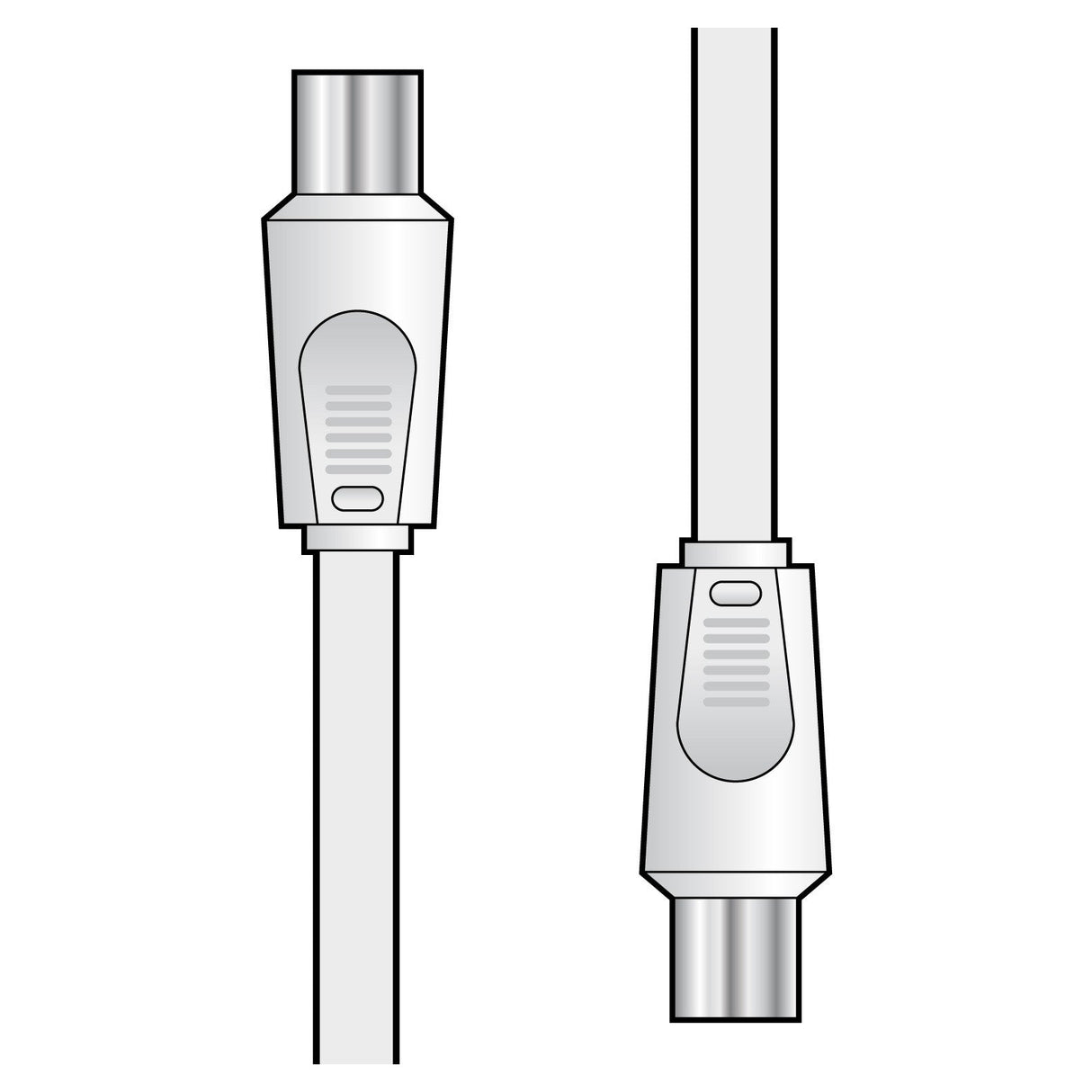 Illustration of two AV:Link Coaxial Plug To Plug Leads - 2m: one depicted from the front, the other viewed from the side. Crucial for home signal distribution in aerial and satellite systems, both leads are equipped with metal connectors at their ends against a plain white background.