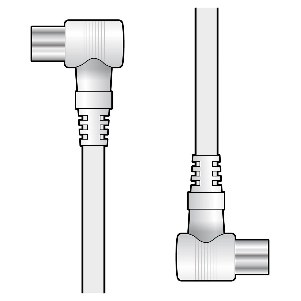 Illustration of AV:Link Coaxial Lead Right Angle Plugs featuring metal tips and flexible protective casings, presented from both a side view and a top-down view. Each connector is affixed to a 0.5m coaxial lead extending outwards, emphasizing efficient cable management.