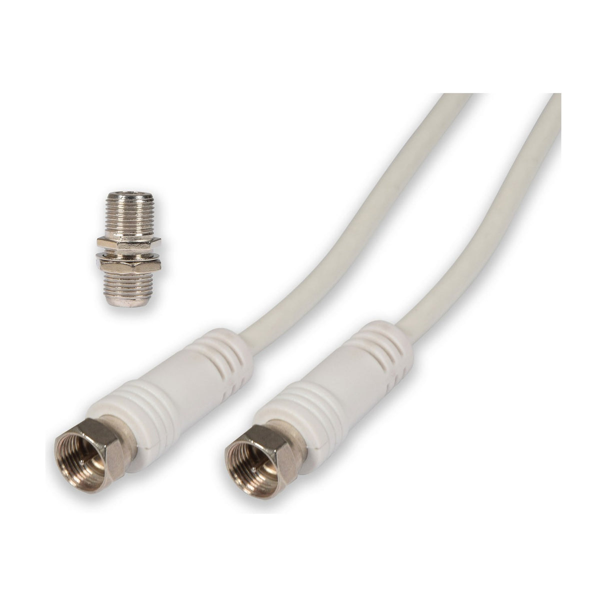 AV:Link 5m coaxial F-type plug to plug lead kit in white with two screw-on connectors and a silver F-type coupler on a plain white background.