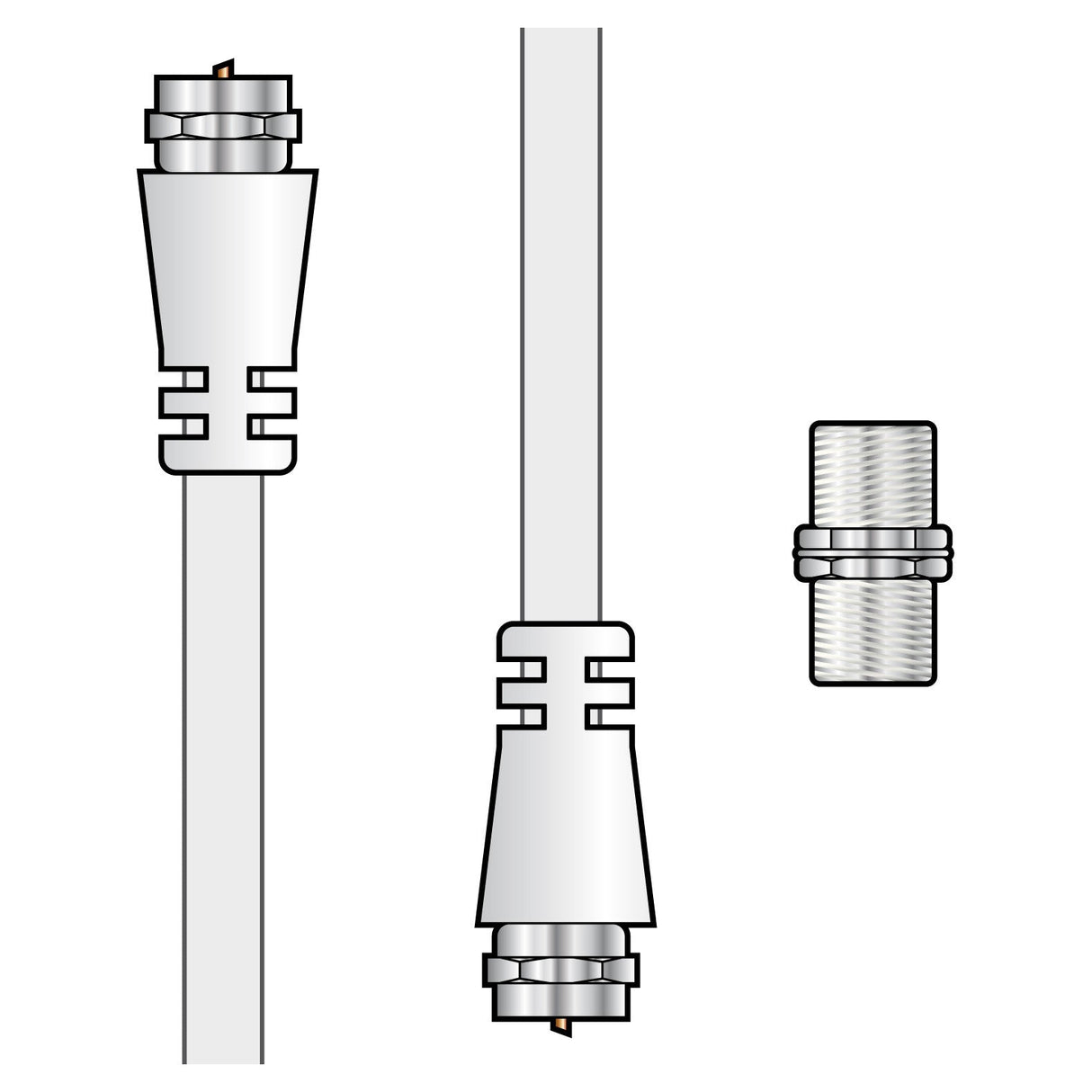 The illustration showcases the AV:Link Coaxial F-Type Plug To Plug Lead Kit - 5m with F-type plug connectors at each end. The cable is depicted in three segments, featuring two connector ends and a separate threaded adapter piece. The gray and silver components create a sleek and professional appearance.