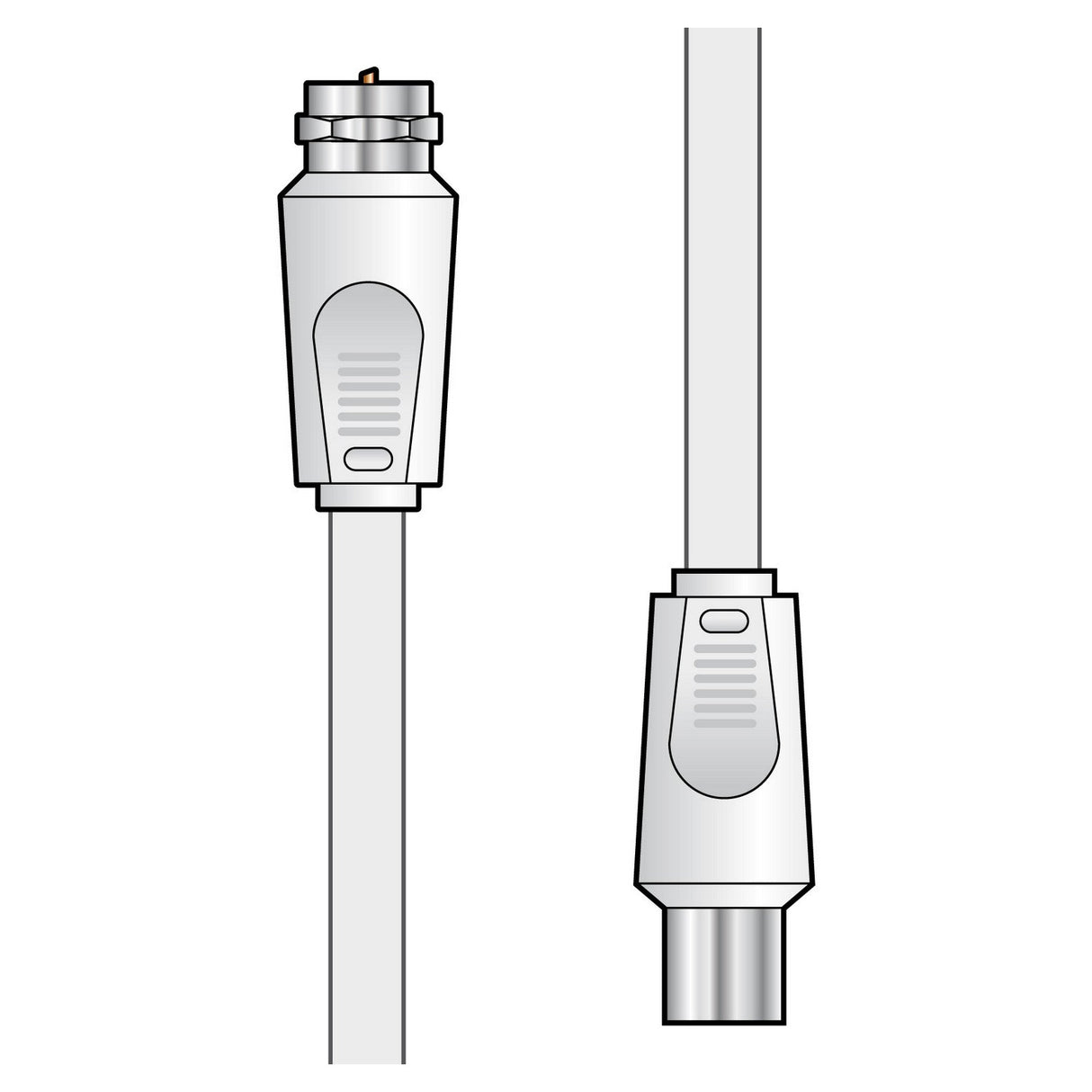 The AV:Link Coaxial F-Type Plug To Coax Plug Lead - 2m features an illustration with two connectors attached to gray cables, perfect for aerial or satellite signal distribution. The left connector is angled, showcasing the inner copper core, while the right connector is straight and emphasizes the outer metal shell along with the grooved grip section of an F plug. Both connectors have a sleek silver finish.