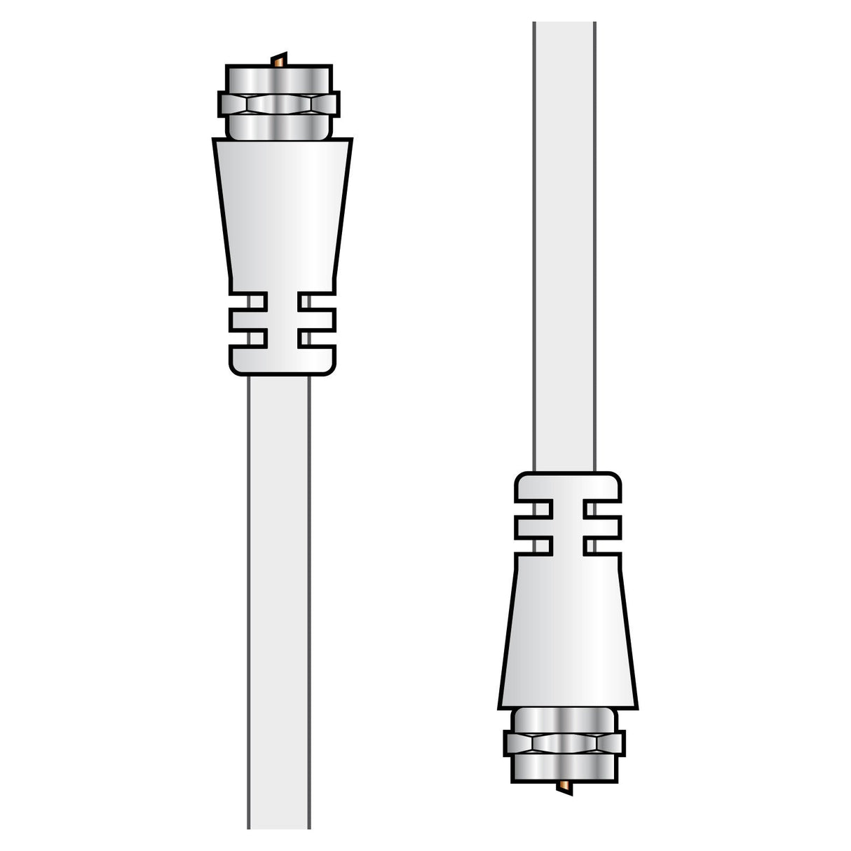 Illustration of the AV:Link Coaxial F-Type Plug To Plug Lead - 10m, depicted from two angles. The left side shows a broader view with both ends visible, while the right side provides a vertical focus on one connector end. Both exhibit cylindrical metallic tips and maintain an impedance of 75Ω.