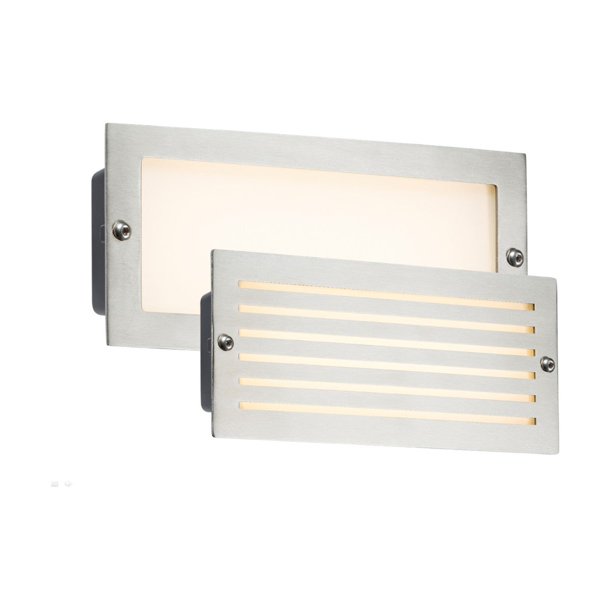 Two wall lights with brushed steel frames feature the Outdoor White LED Recessed Brick Light. The backlight includes a frosted cover, while the front light is designed with horizontal slits for illumination. Both lights are rated IP54 and are mounted with visible screws on a white background.