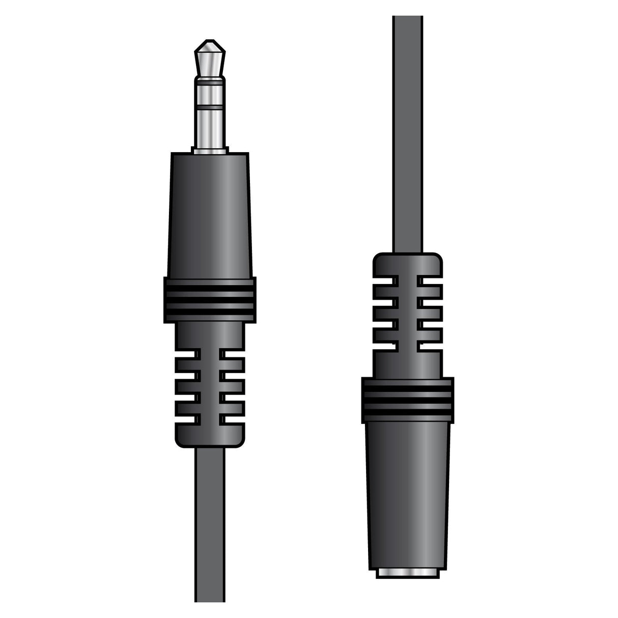 Illustration of the AV:Link 3.5mm Stereo Plug To 3.5mm Stereo Socket Lead - 3m, featuring a black audio cable with a matching male jack and female socket. The male plug is on the left with a metal tip, while the female socket is on the right, both designed for audio devices and equipped with ribbed grips for secure handling.