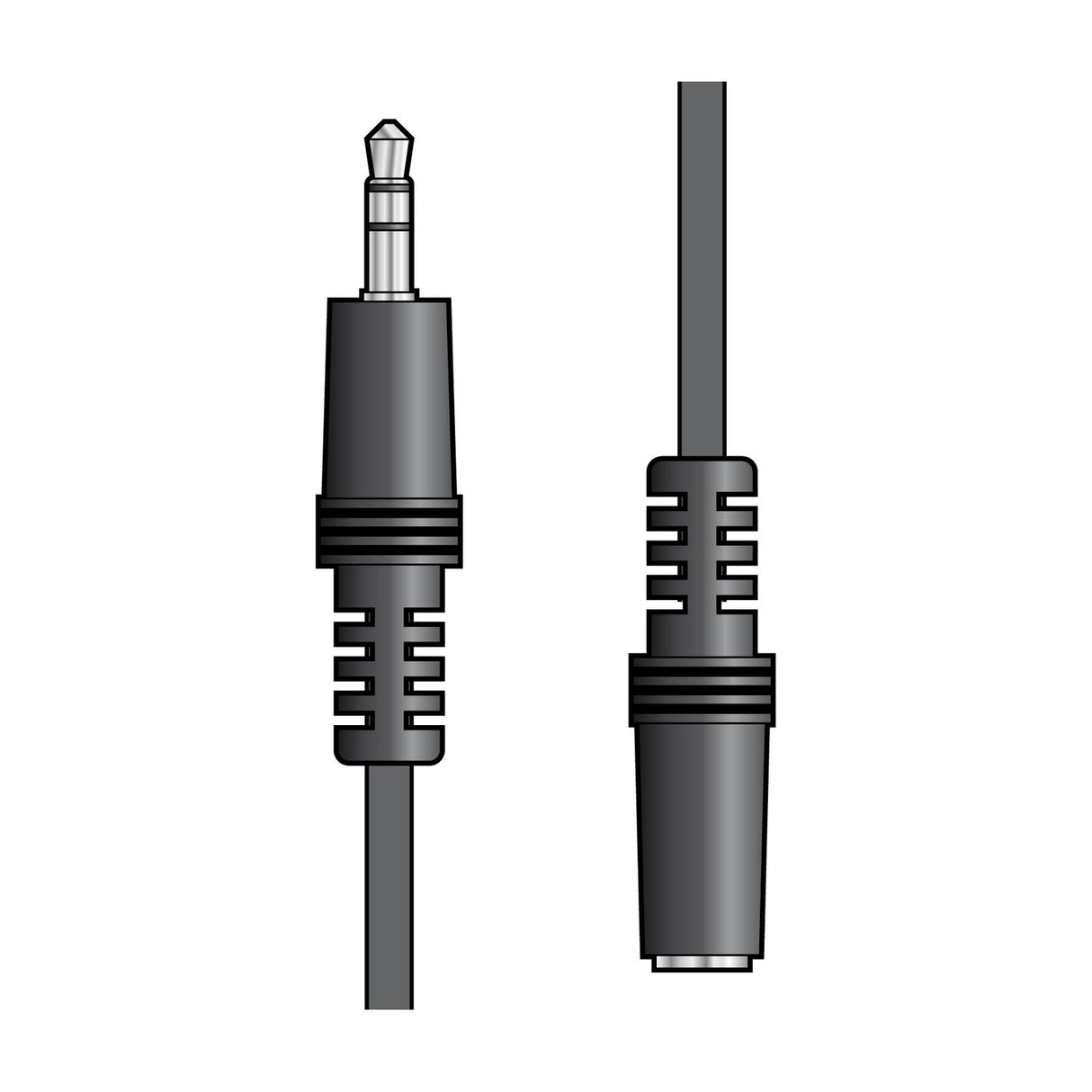 AV:Link 3.5mm stereo extension lead illustration showing a black mini-jack plug alongside a matching stereo socket end on a plain white background.