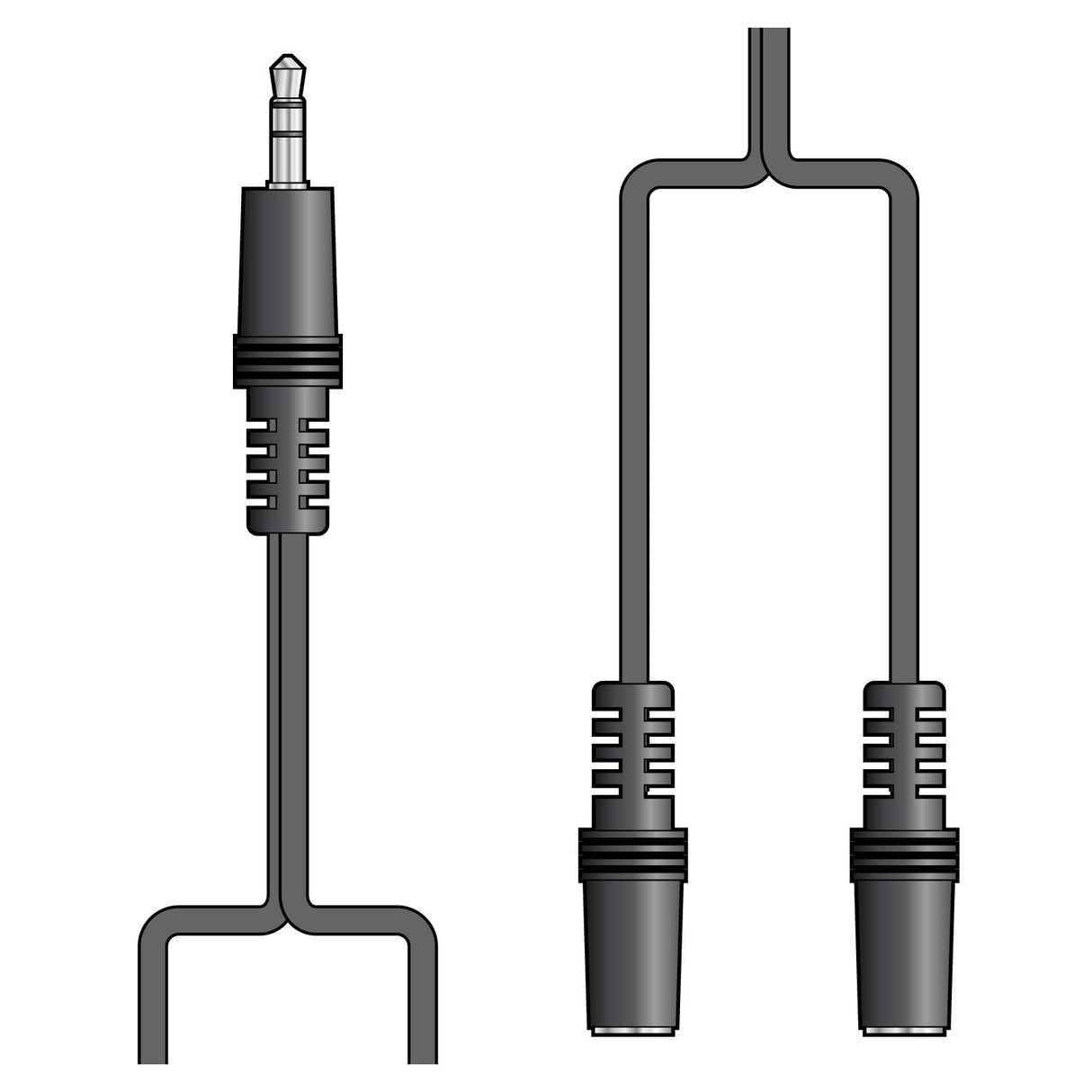 Depiction of the AV:Link 3.5mm Stereo Plug To 2 x 3.5mm Stereo Sockets Lead - 1.2m, showcasing a single male 3.5mm stereo plug on one end and two mini jack stereo sockets on the other, ideal for connecting two headphones to a single audio source. The dark gray cable is equipped with ribbed grips for easy handling.
