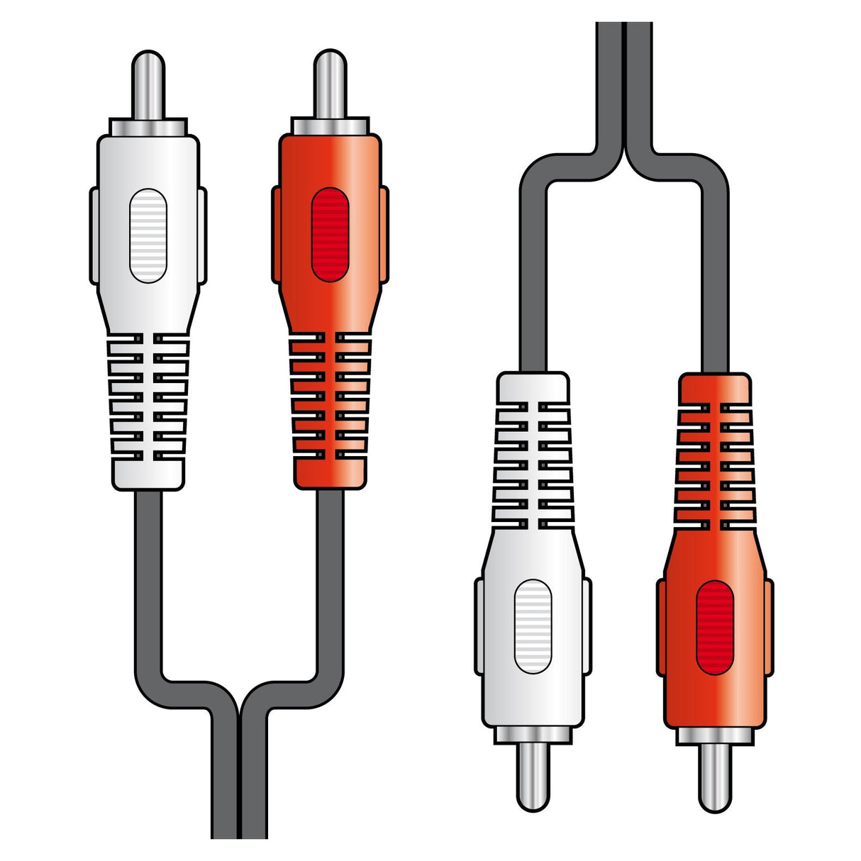 The AV:Link 2 x RCA Plugs To 2 x RCA Plugs Lead - 10m features an illustration of RCA phono plugs with red and white connectors. The red connector is equipped with a red grip, and the white connector has a white grip, highlighting a stereo connection. These are connected by black audio cables, displayed from two different angles.