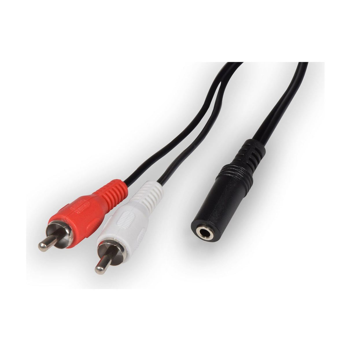 AV:Link 2 x RCA to 3.5mm stereo socket adaptor lead with red and white RCA plugs and black female jack on a white background.