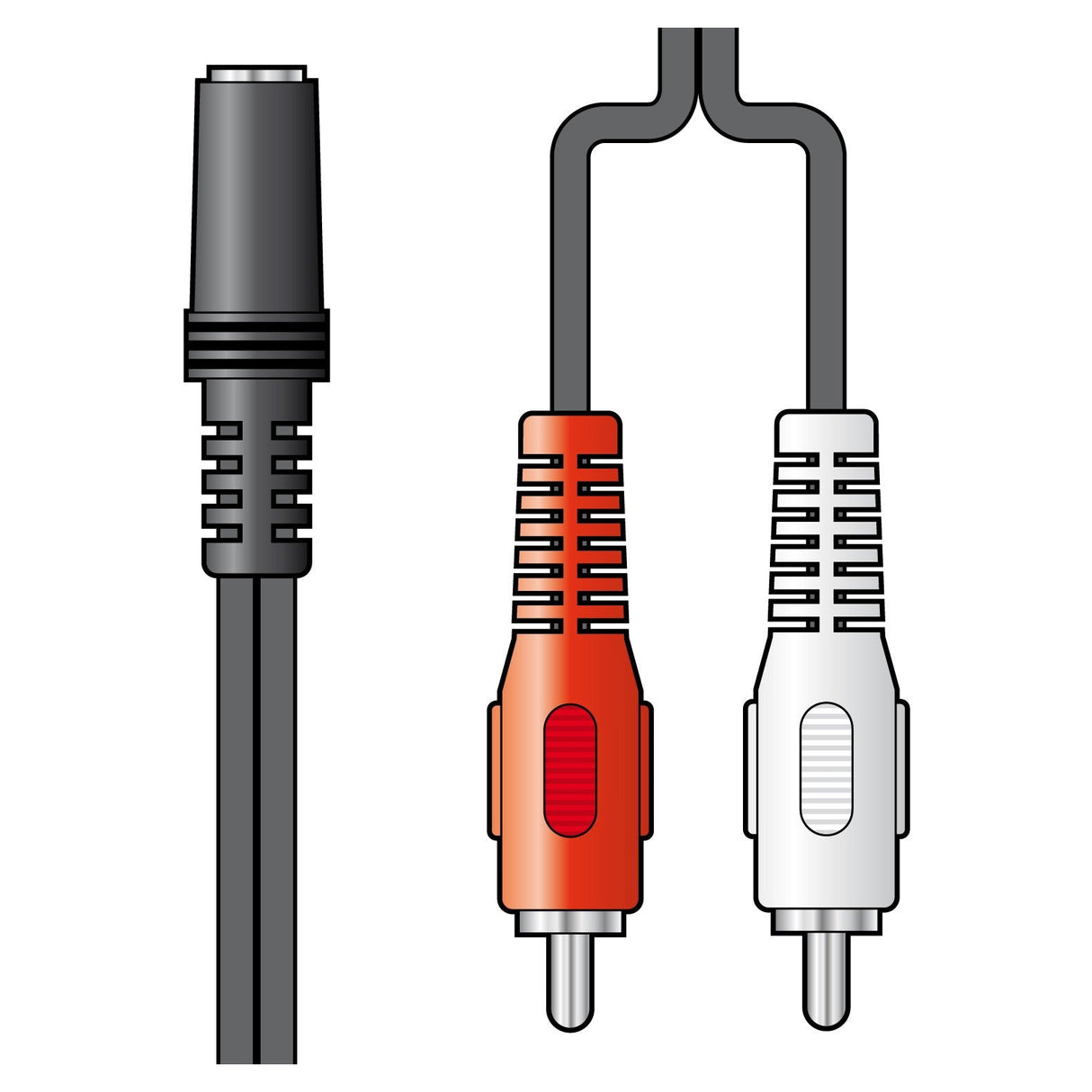 The image features the AV:Link 2 x RCA to 3.5mm Stereo Sockets Adaptor Lead, depicting a black 3.5mm stereo jack with accompanying red and white RCA plugs equipped with striped grips for audio signal splitting, all set against a white backdrop.