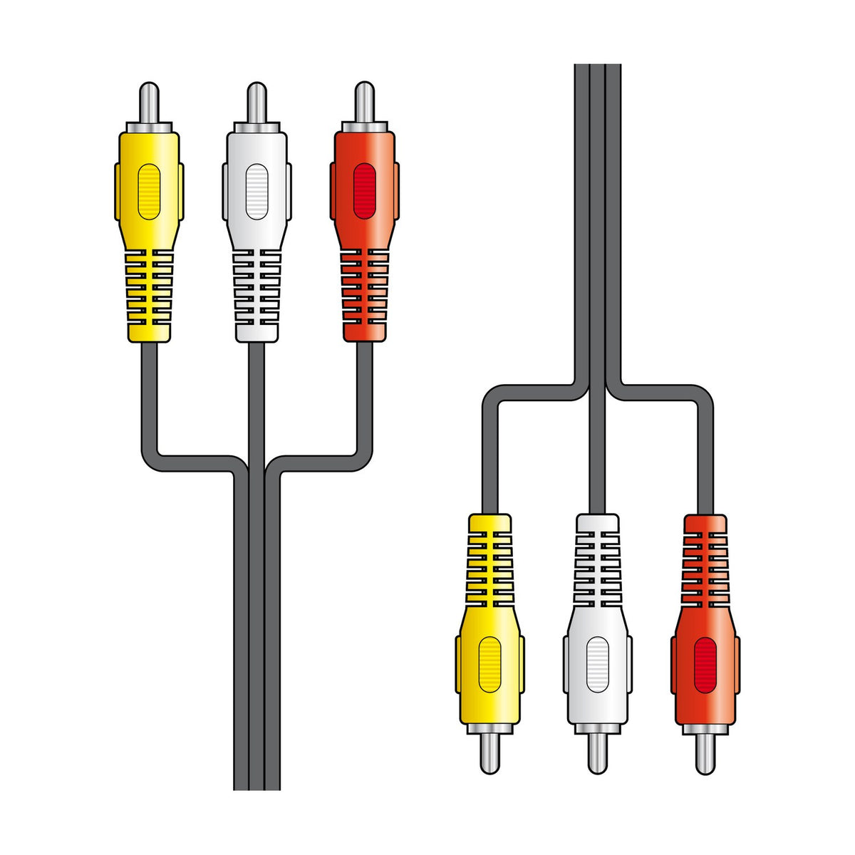 AV:Link 3 x RCA to 3 x RCA 5m audio video lead by AVSL, showing yellow, white and red phono plugs at both ends on a plain white background.