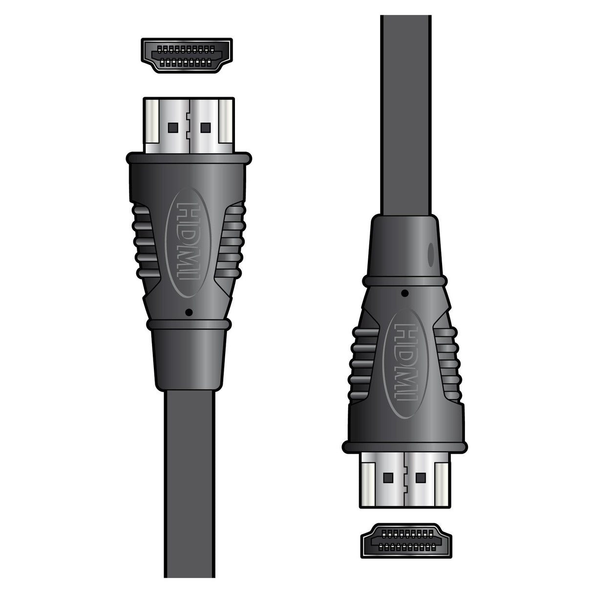 Illustration of two AV:Link HDMI Plug To Plug Cables - 3m side by side. One cable is shown in profile view, while the other is depicted from the front, highlighting its textured grips and standard connector. These cables support 3D video formats and include an audio return channel for enhanced multimedia experiences.