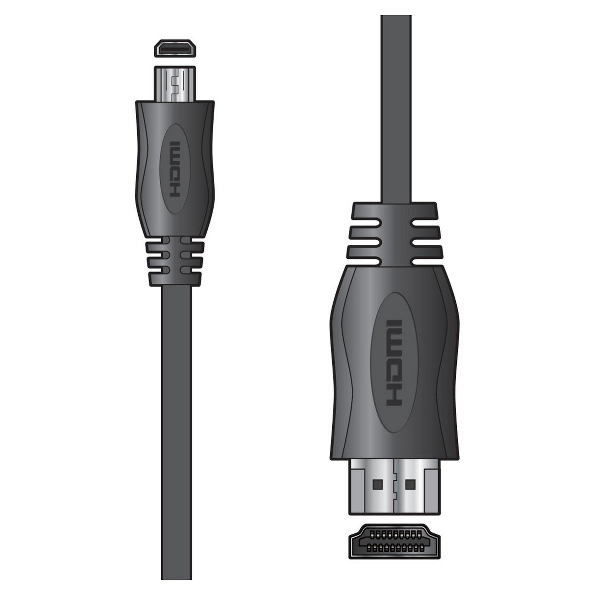Illustration of two HDMI cables highlighting their 4K compatibility. On the left is an HDMI micro plug, similar to the AV:Link HDMI Plug To HDMI Micro Plug - 1.5m, ideal for devices like the Raspberry Pi 4, with labeling on the connector. On the right is a standard HDMI plug, both presented with sleek black cables.