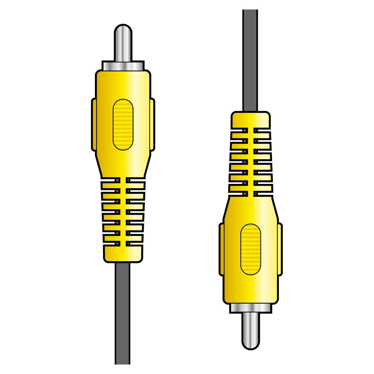 Illustration of two yellow AV:Link RCA Plug to RCA Plug Leads - 10m with silver connectors. One cable is shown horizontally and the other vertically, both featuring textured grips and connected to black wires.
