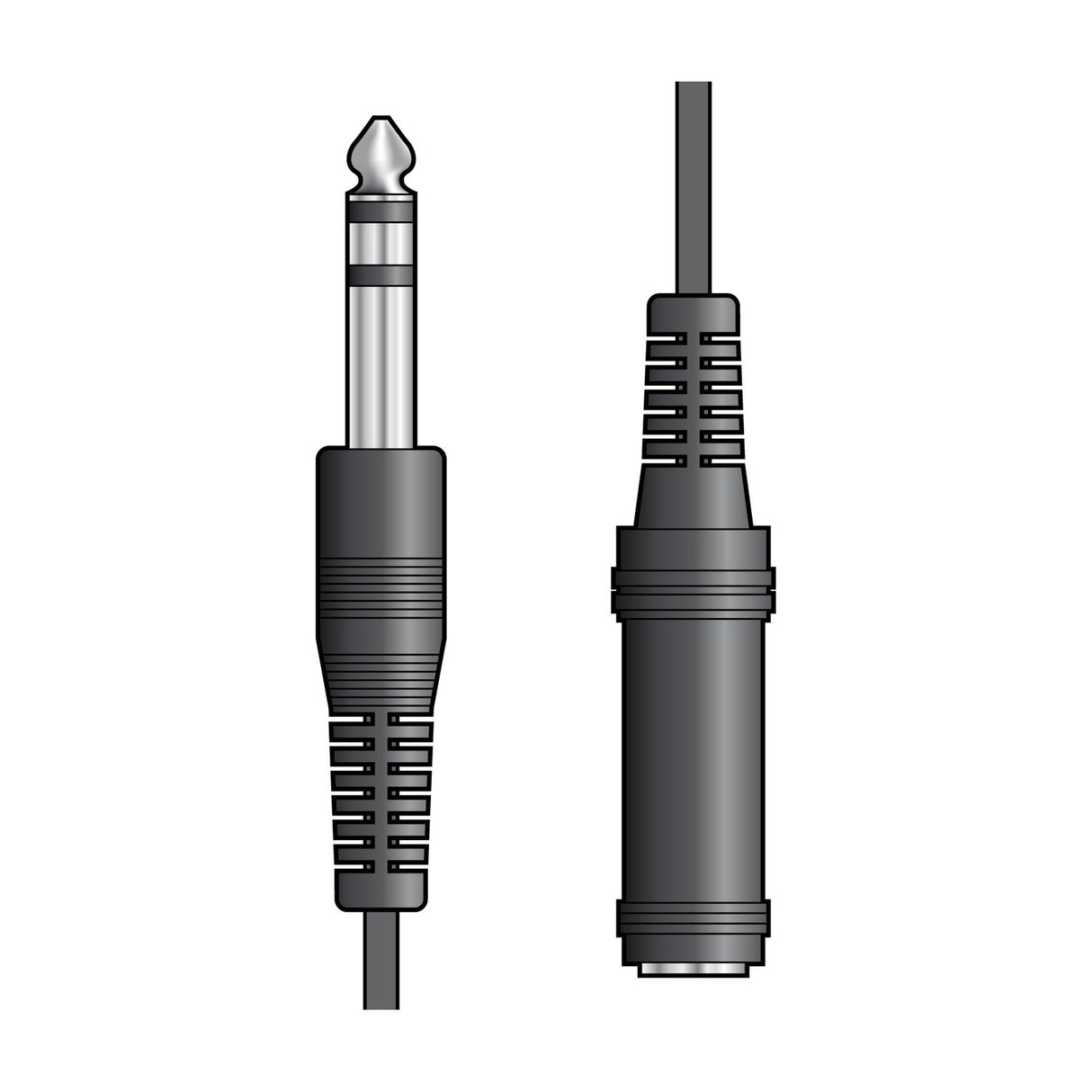 AV:Link 6.3mm stereo TRS plug and matching socket ends of a 6m extension lead shown in black with silver tips on a plain white background.