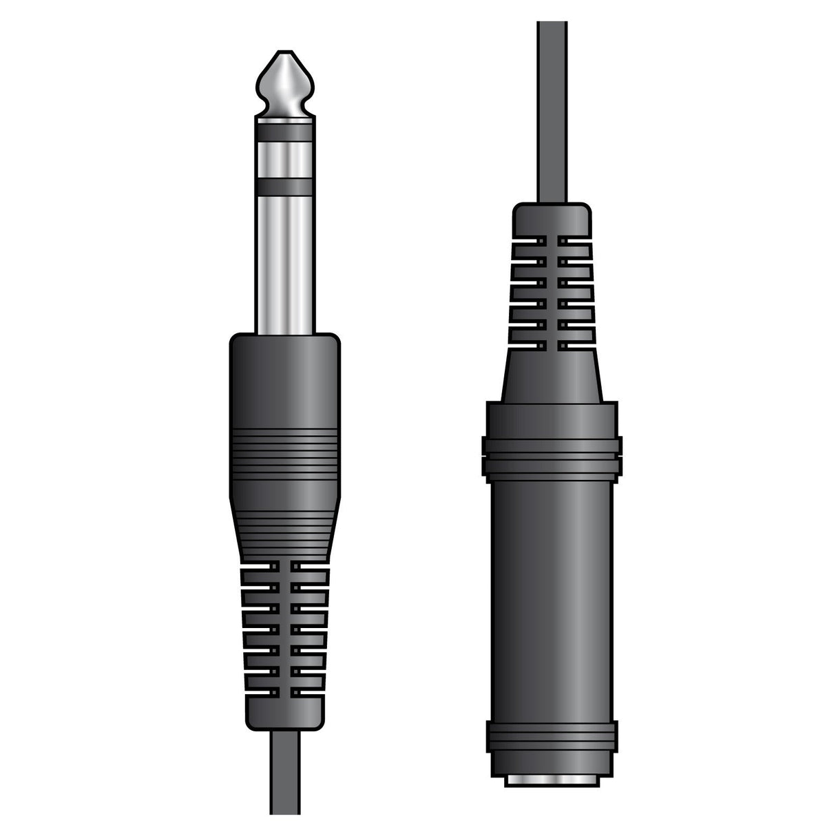 An illustration of the AV:Link 6.3mm Stereo Plug To 6.3mm Stereo Socket Lead - 6m features a stereo plug with a silver tip, black insulator ring, metal sleeve, and black plastic grip on one end, with the cord shown in a vertical position.