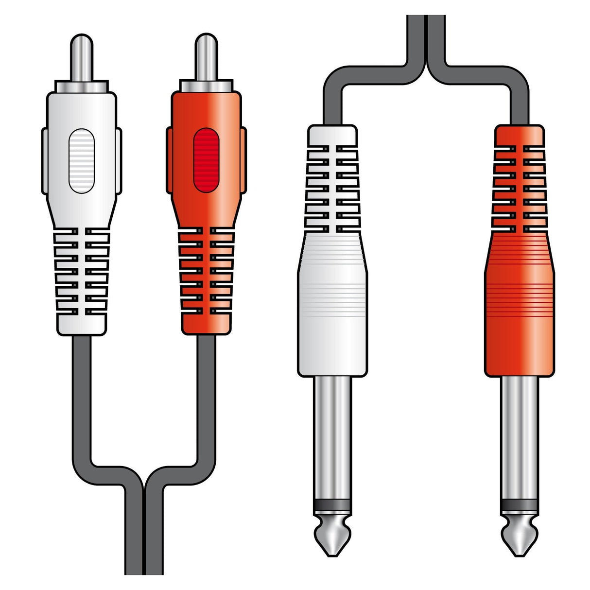 An illustration depicting the AV:Link 2 x RCA Plugs to 2 x 6.3mm Mono Plugs Lead - 1.2m shows audio cables with red and white RCA plugs on the left and a stereo plug with red and white handles on the right, all linked by a single black wire.