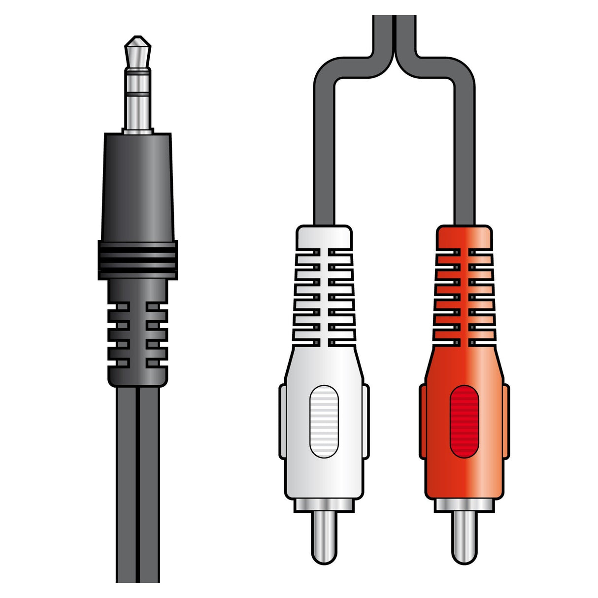 Illustration of audio connectors: on the left is a black 3.5mm stereo plug, typically used with personal music players, and on the right are red-and-white RCA plugs, all connected by an AV:Link 3.5mm Stereo Plug To 2 x RCA Plugs Lead - 3m.