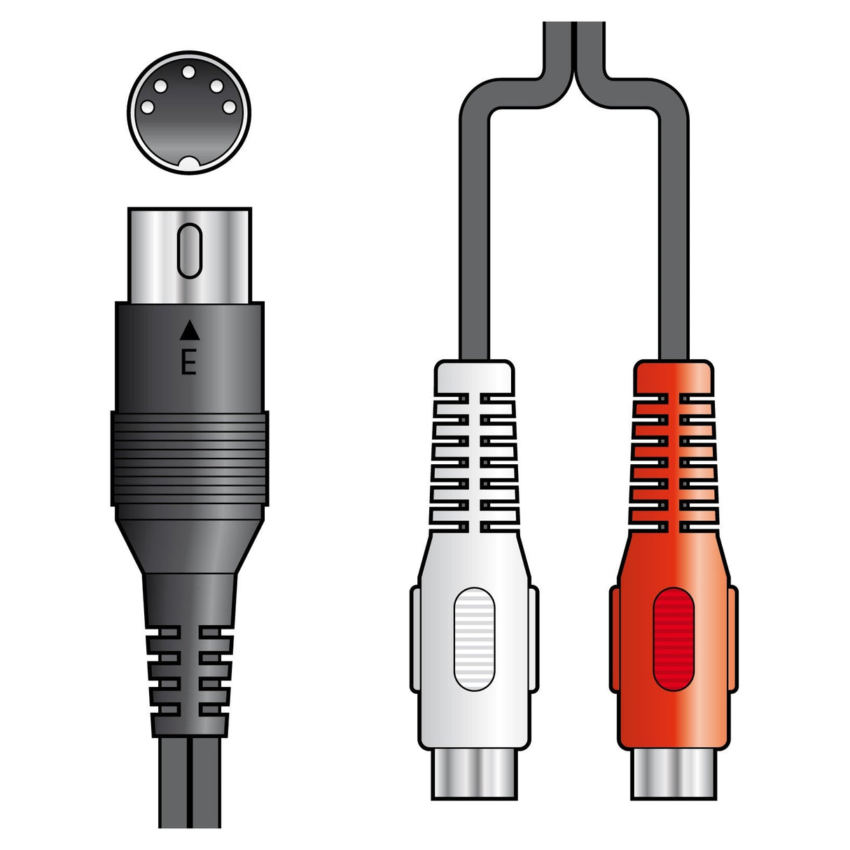 Illustration of the AV:Link 5 Pin DIN Plug To 2 x RCA Socket Lead - 1.2m, featuring a pin diagram above the DIN connector on the left. On the right, two RCA sockets—one red and one white—are connected by a cable for seamless analogue audio output.