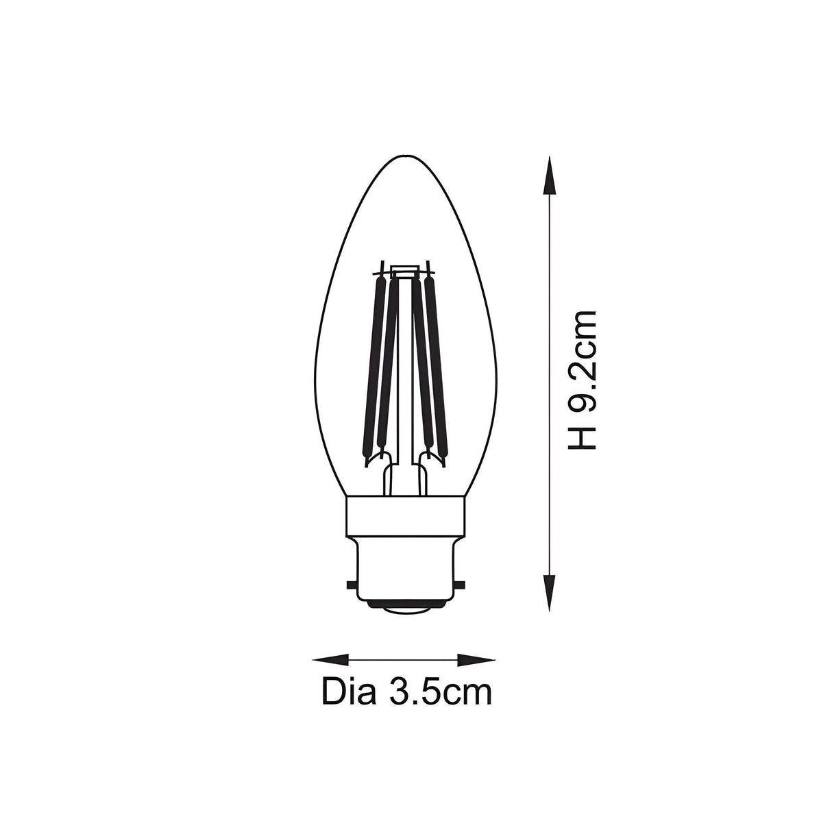 Technical line drawing of the Endon 4W B22 LED filament candle bulb showing height 9.2cm and diameter 3.5cm on a plain white background.