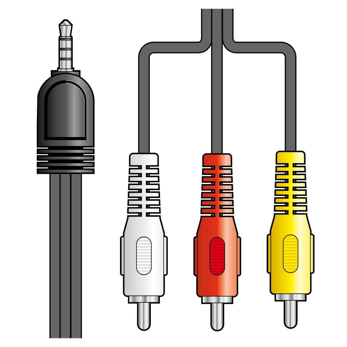 Illustration of the AV:Link Camcorder Lead, showcasing a black 3.5mm plug on the left, alongside three RCA plugs—white for left audio, red for right audio, and yellow for video—connected by a sleek black cable. Ideal for camcorder connections with its 2-meter length.