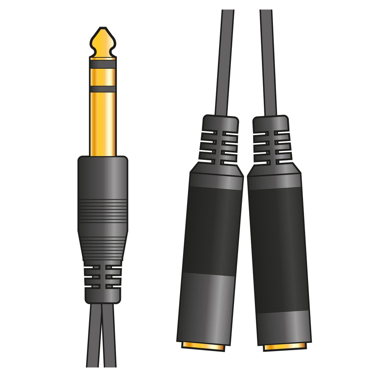 Illustration of the AV:Link 6.3mm Headphone/Audio Splitter Lead, showcasing a stereo jack plug with a single male connector on the left and two female connectors on the right. The gold-plated connections emphasize its stylish black and gold design, allowing for stereo to dual mono output.