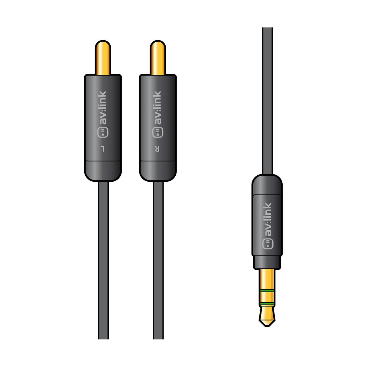 AV:Link Precision 3.5mm jack to two RCA audio lead with slimline black connectors, gold-plated plugs and L/R labels, shown on a white background.