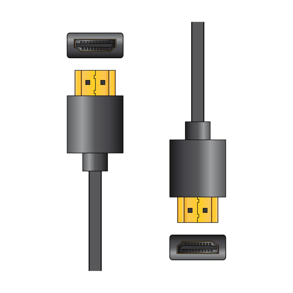 AV:Link Thin-Wire 4K HDMI Lead 5.0m by AVSL, showing two low profile gold plated HDMI connectors on thin black cable with port views, on white.