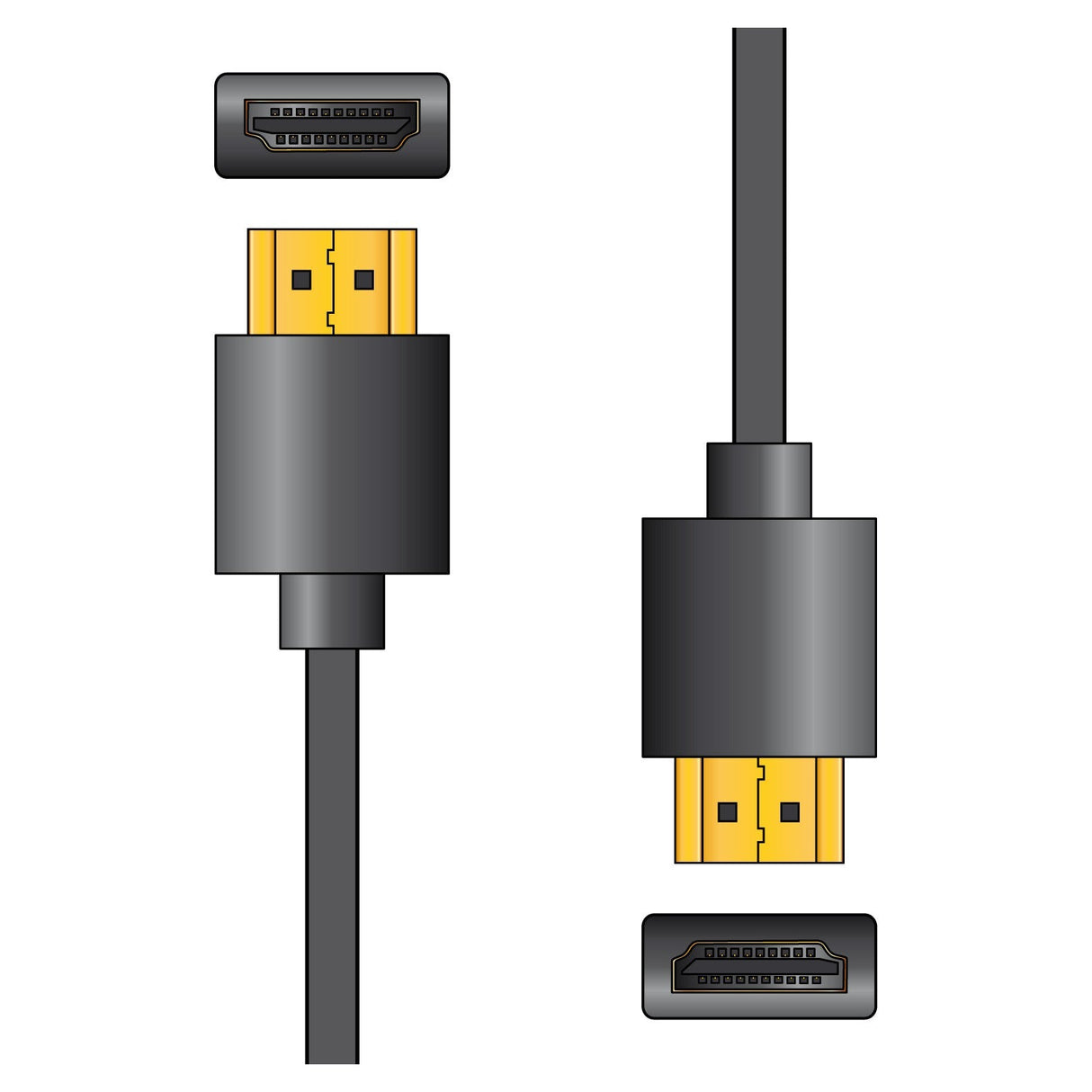 This illustration features the AV:Link HDMI Thinwire Full HD Plug To Plug - 5m cables shown from two perspectives. On the left, you'll see a vertical view with low profile connectors oriented upward and downward. On the right, a horizontal perspective displays the cable and connectors aligned vertically, perfect for transmitting 4K ultra HD video.