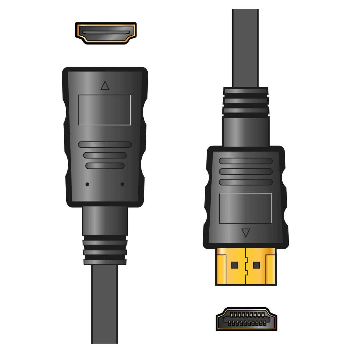 Illustration of the AV:Link HDMI Extension Cable - 0.5m showcasing both ends. The left end highlights a close-up with a triangular marking and ridged grip, while the right unveils the full cable featuring gold-plated connections and visible pins, designed to deliver ultra HD video quality.